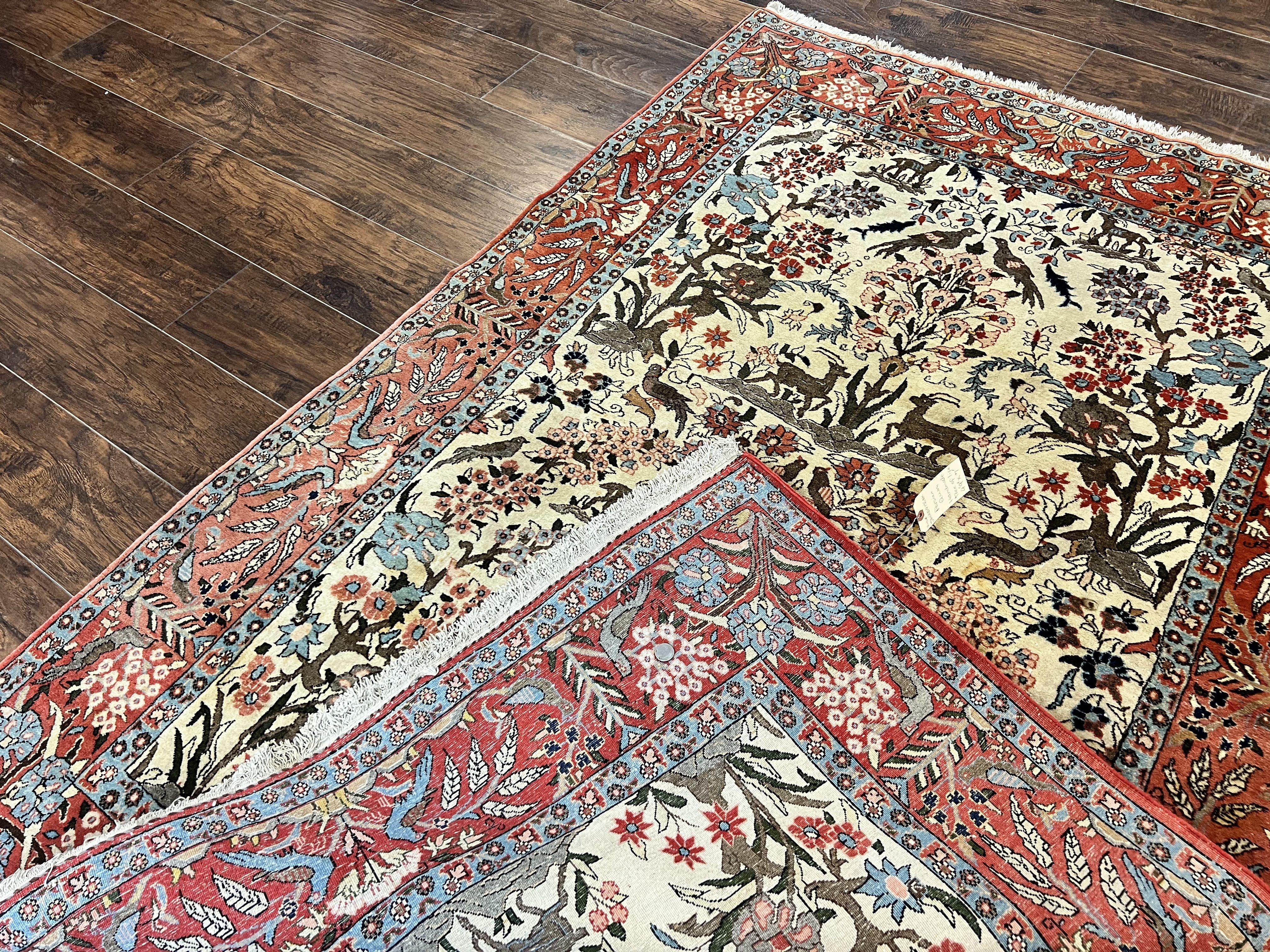 Persian Tree of Life 5x7, Qum Rug, Animal Motifs, Deer Birds, Fine 225 KPSI, Semi Antique Vintage Handmade Wool Rug, Cream Red - Jewel Rugs