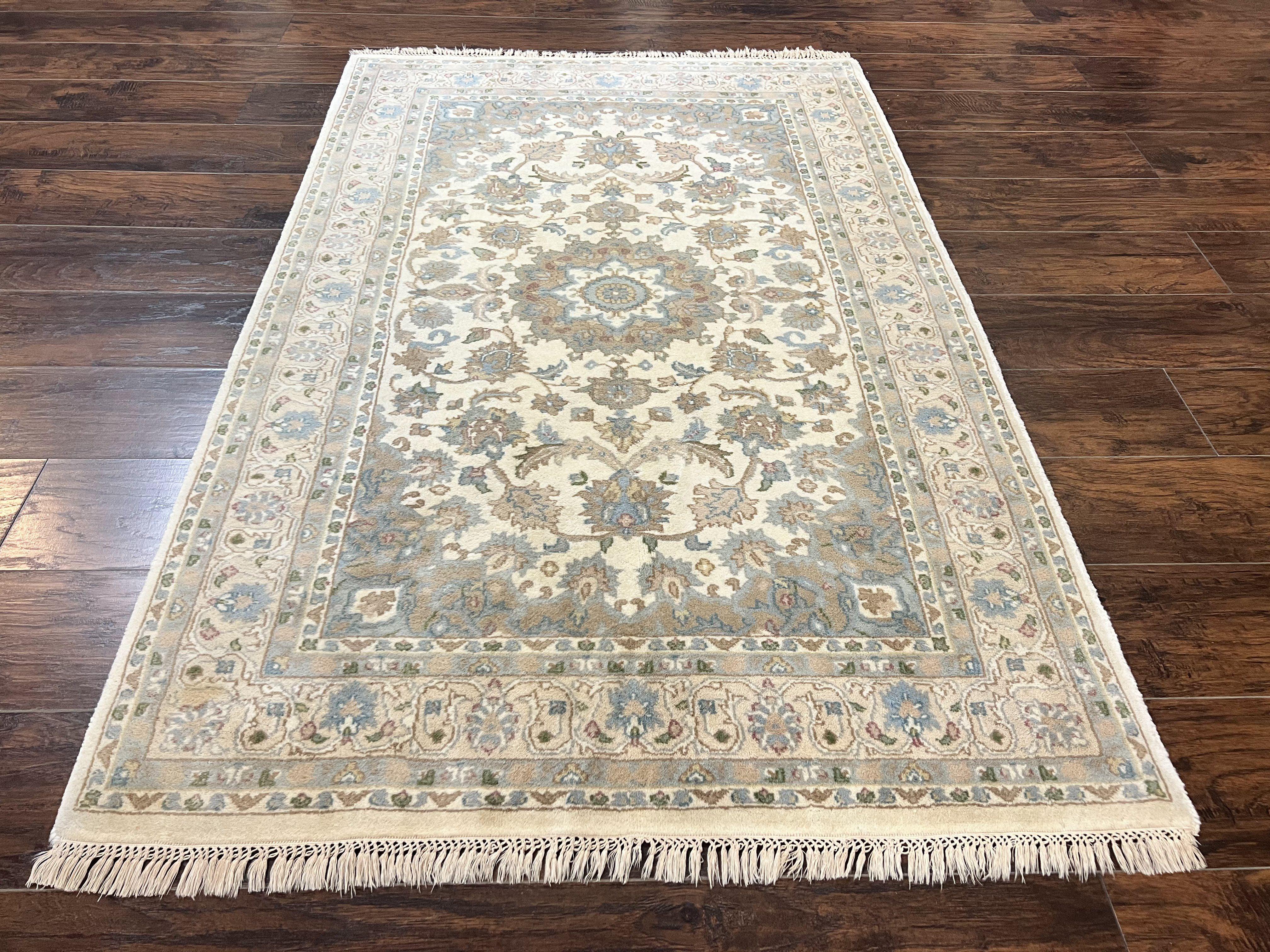 Indo Persian Rug 4x6, Floral Medallion, Beige, Handmade Wool Vintage Carpet 4 x 6 ft - Jewel Rugs