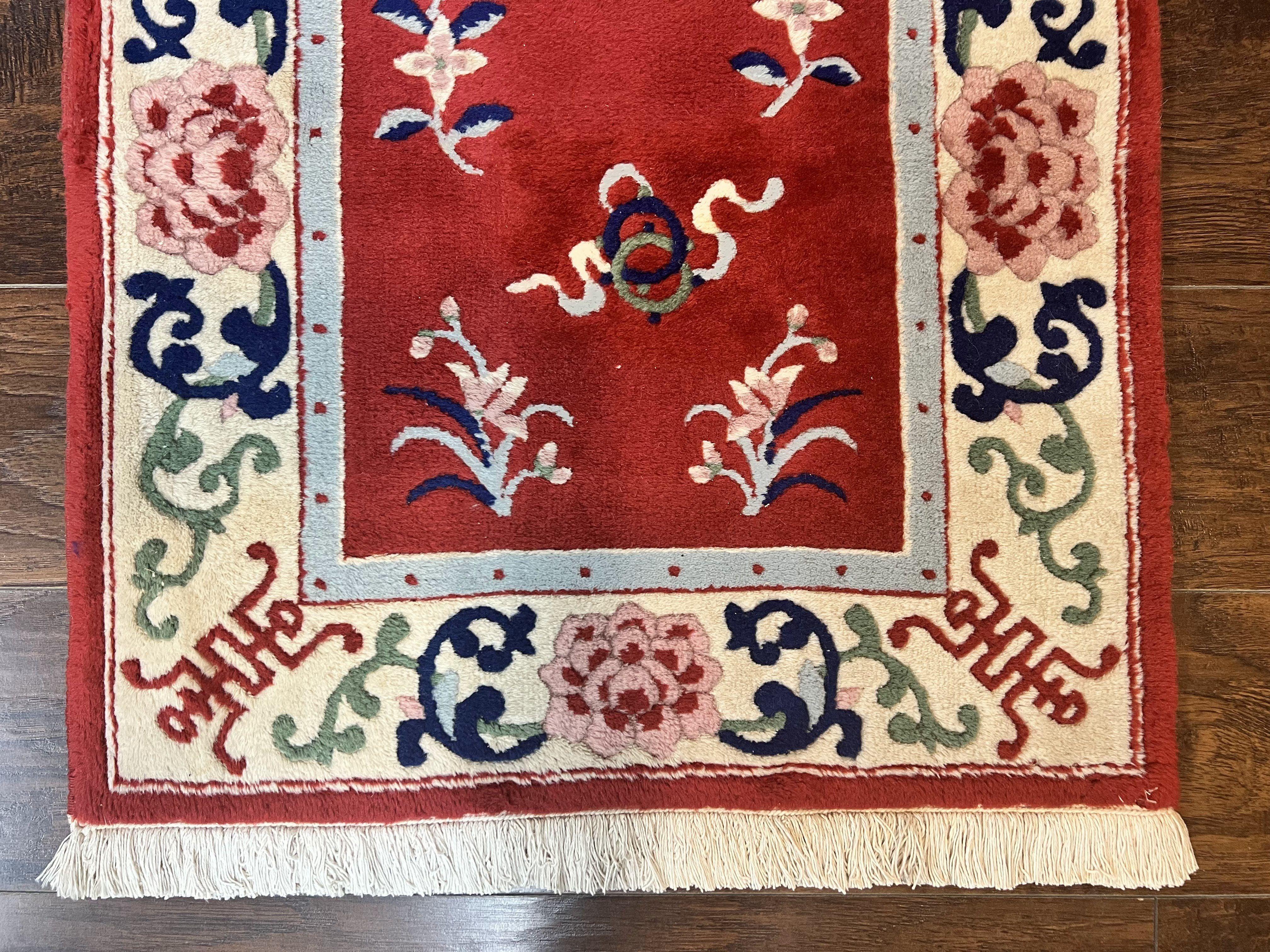 Chinese Wool Runner Rug 2x11, Red and Cream, Butterflies, Handmade Vintage Wool Asian Oriental Carpet 2 x 11, Chinese Carving Rug, 120 Line - Jewel Rugs