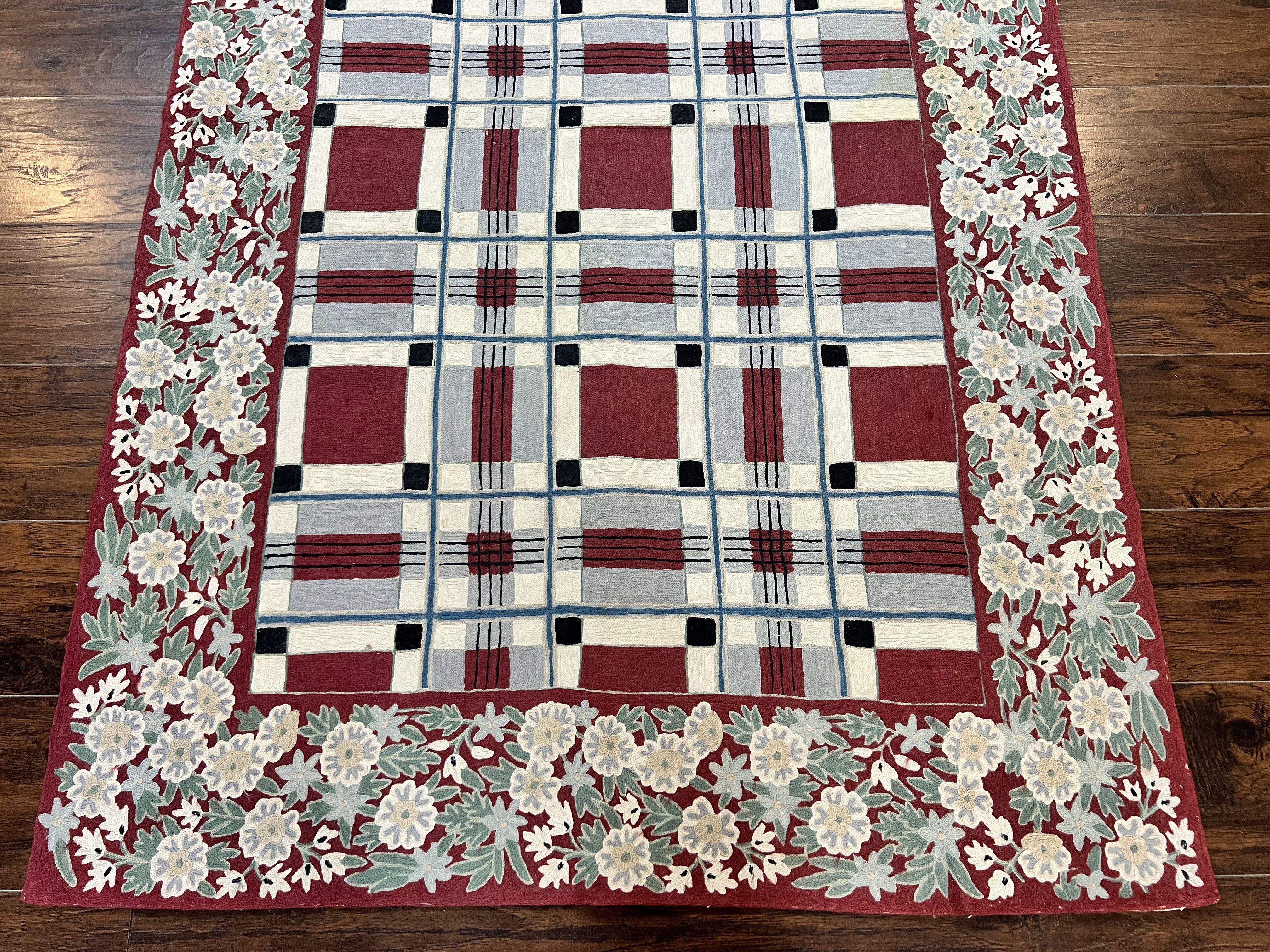 Indian Hand Stitched Rug 4x6, Vintage Carpet, Checkerboard Floral Pattern, Maroon Ivory, Flatweave, Wool - Jewel Rugs