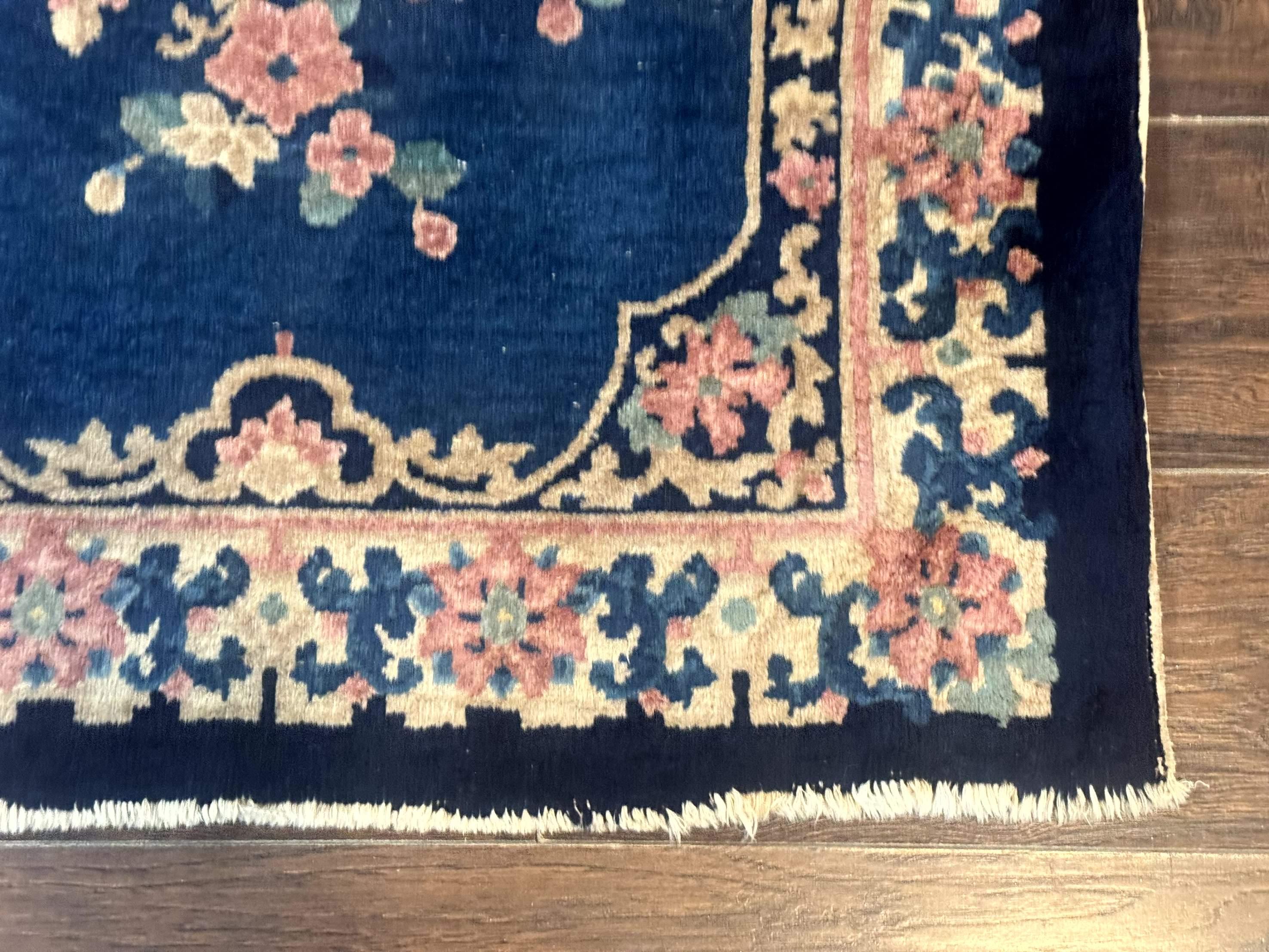 Blue and Beige Chinese Wool Rug 3x6, Chinese Fete Rug, Peking Rug, Antique Chinese Carpet - Jewel Rugs