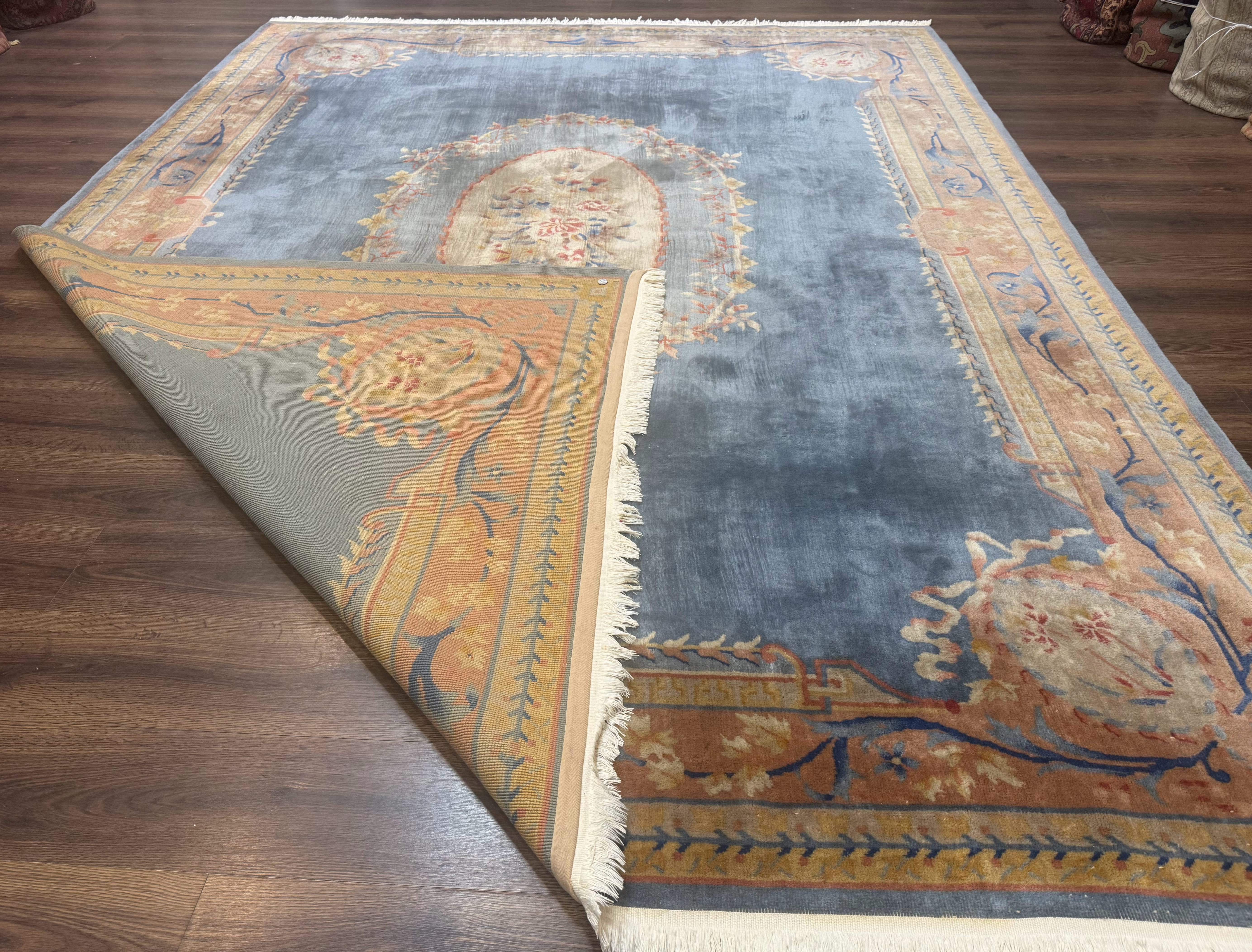 Chinese Aubusson Wool Rug 9x11, Light Blue and Salmon, Hand Knotted, Soft Pile - Jewel Rugs