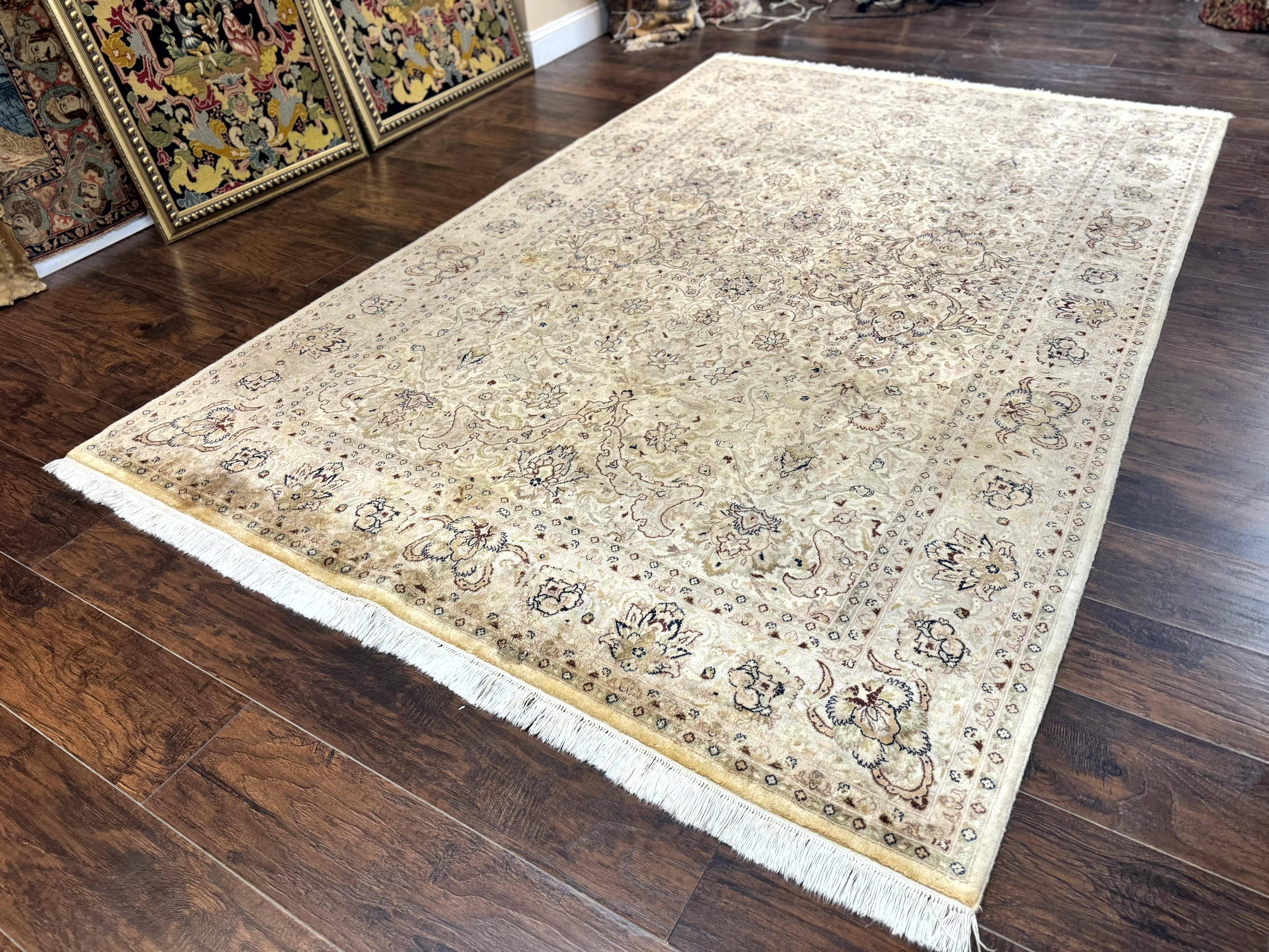Pak Persian Rug 6x9, Vintage Handmade Wool Carpet, Floral, Beige - Jewel Rugs