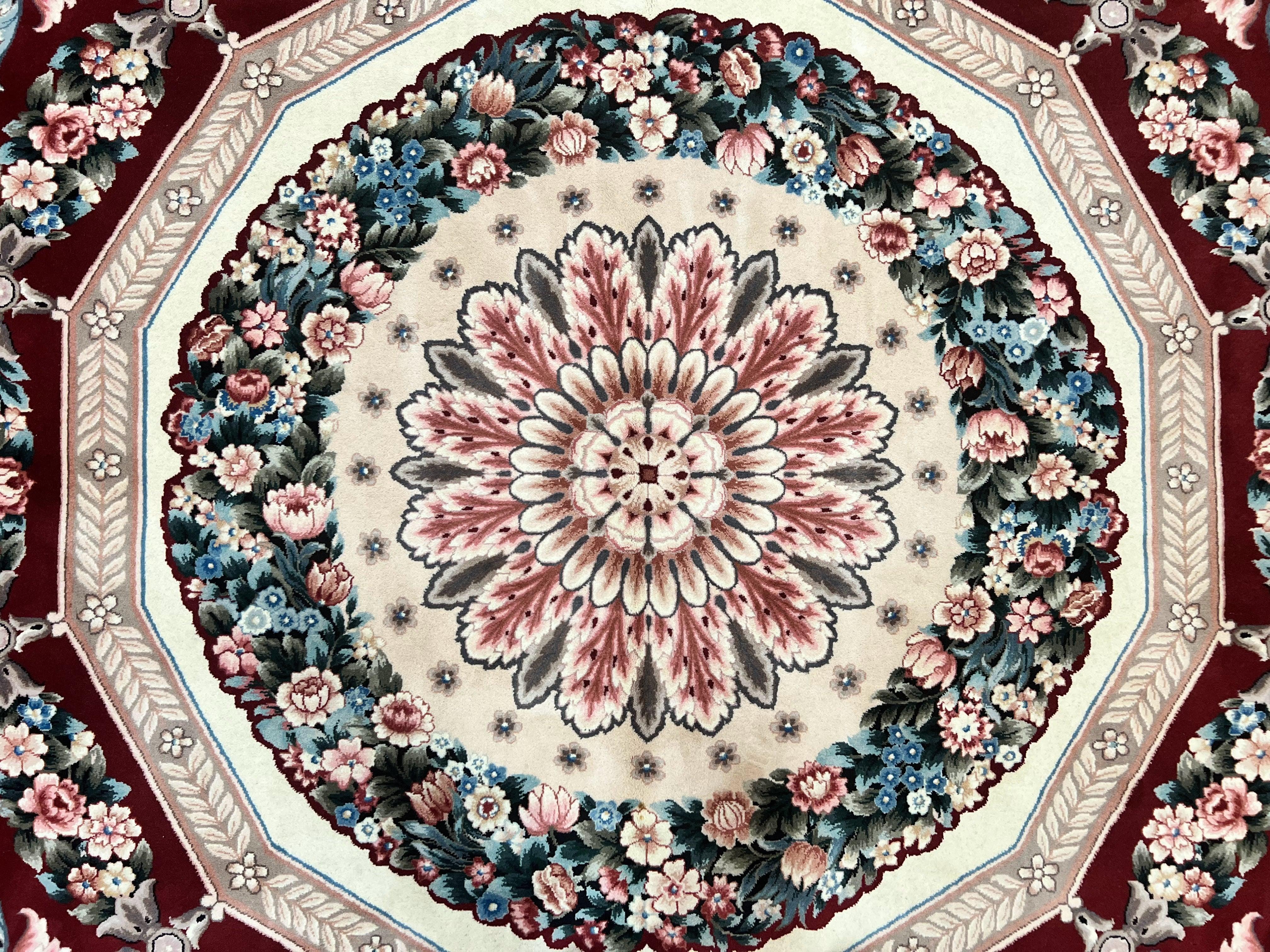 Chinese Aubusson Rug 9x12, Burgundy, Handmade Vintage Wool Carpet, Fine 210 KPSI, Elegant European Design - Jewel Rugs