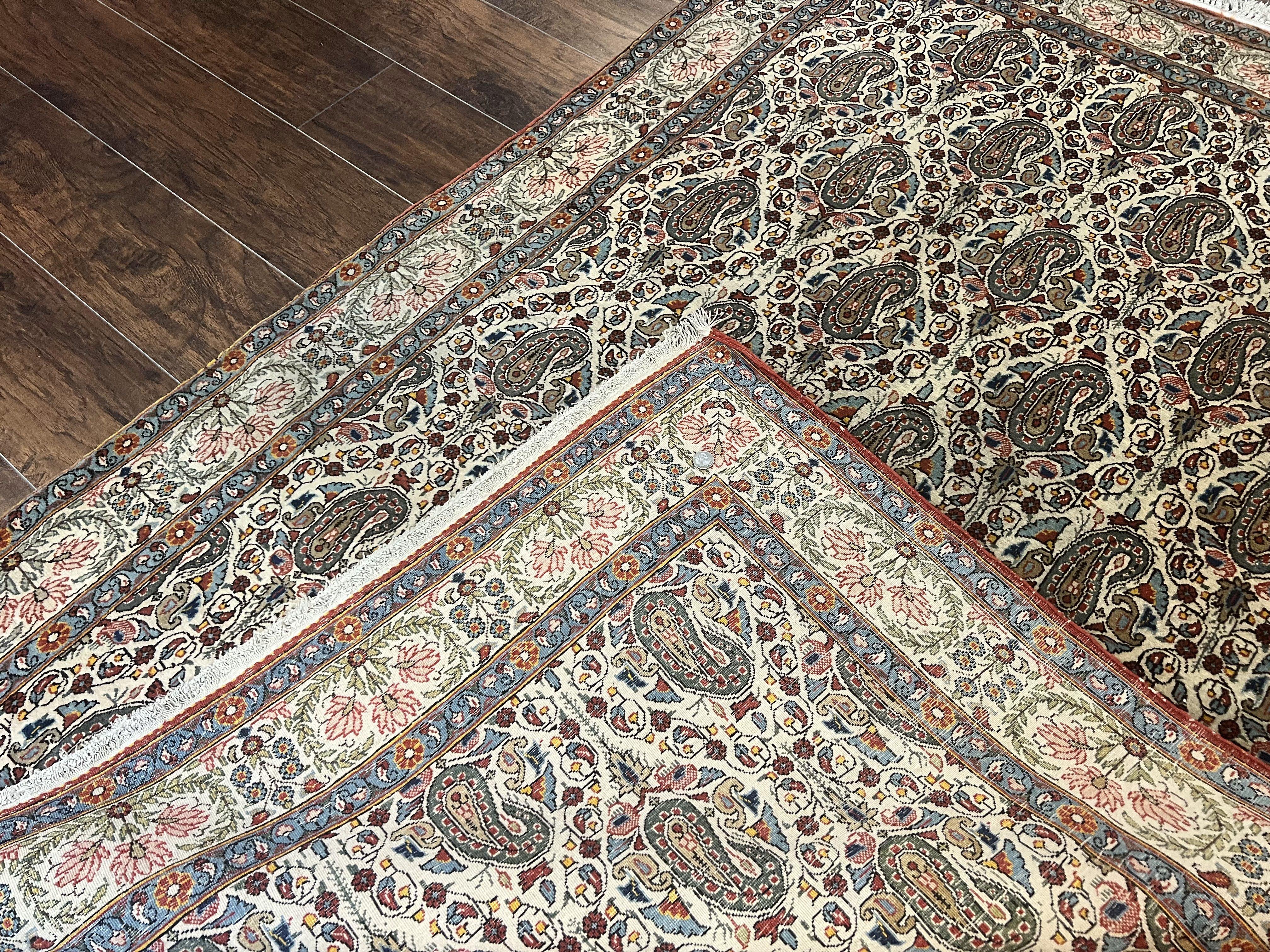 Persian Qum Rug 5x6, Cream Wool Hand Knotted Carpet, Repeated Boteh Paisely Design, Semi Antique Vintage Rug, Very Fine Weave 5 x 6 Rug - Jewel Rugs