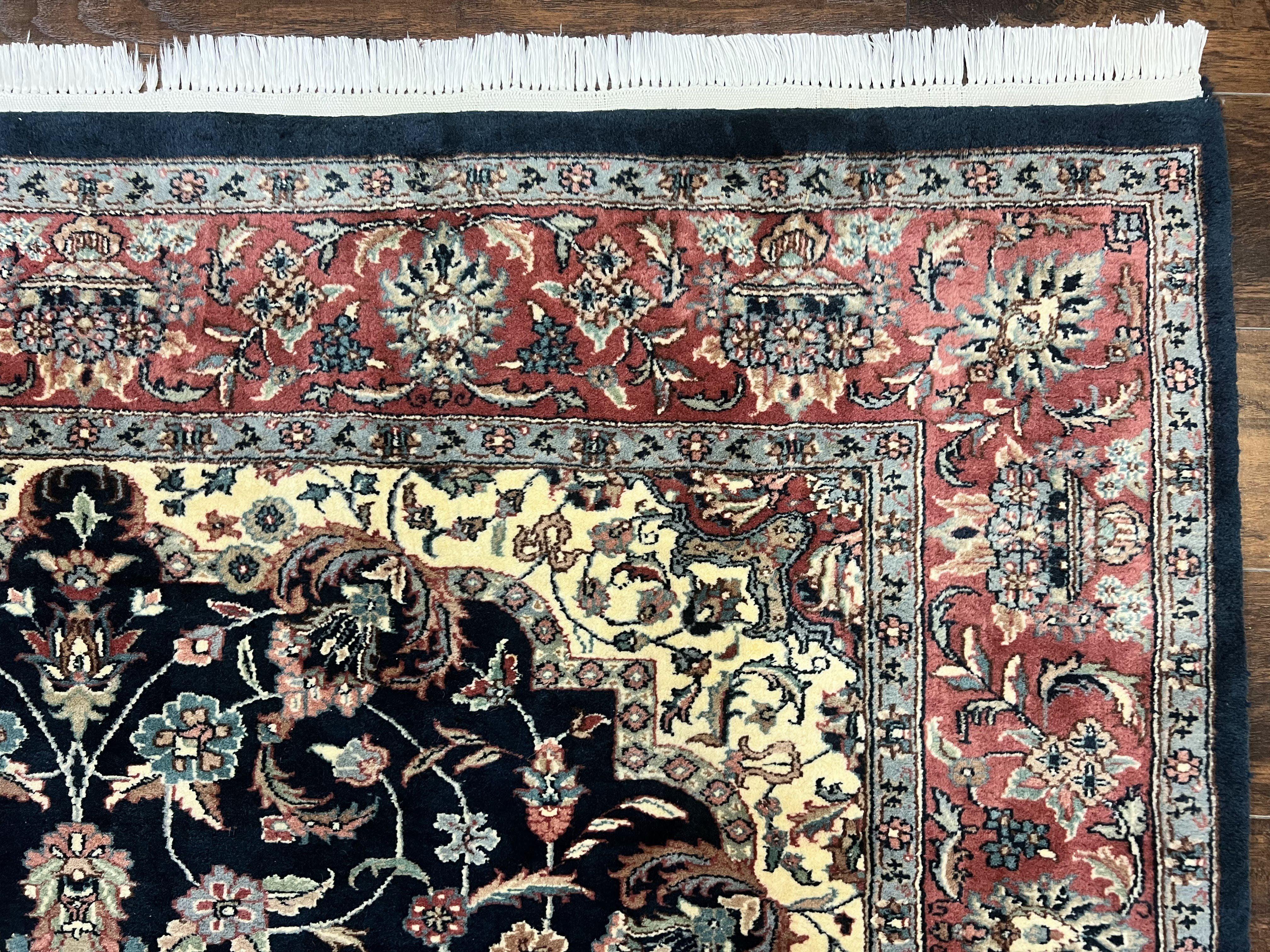 Pak Persian Rug, Floral Medallion, Dark Blue & Rose, Traditional Oriental Carpet, Handmade Wool Vintage Medium Size Rug - Jewel Rugs