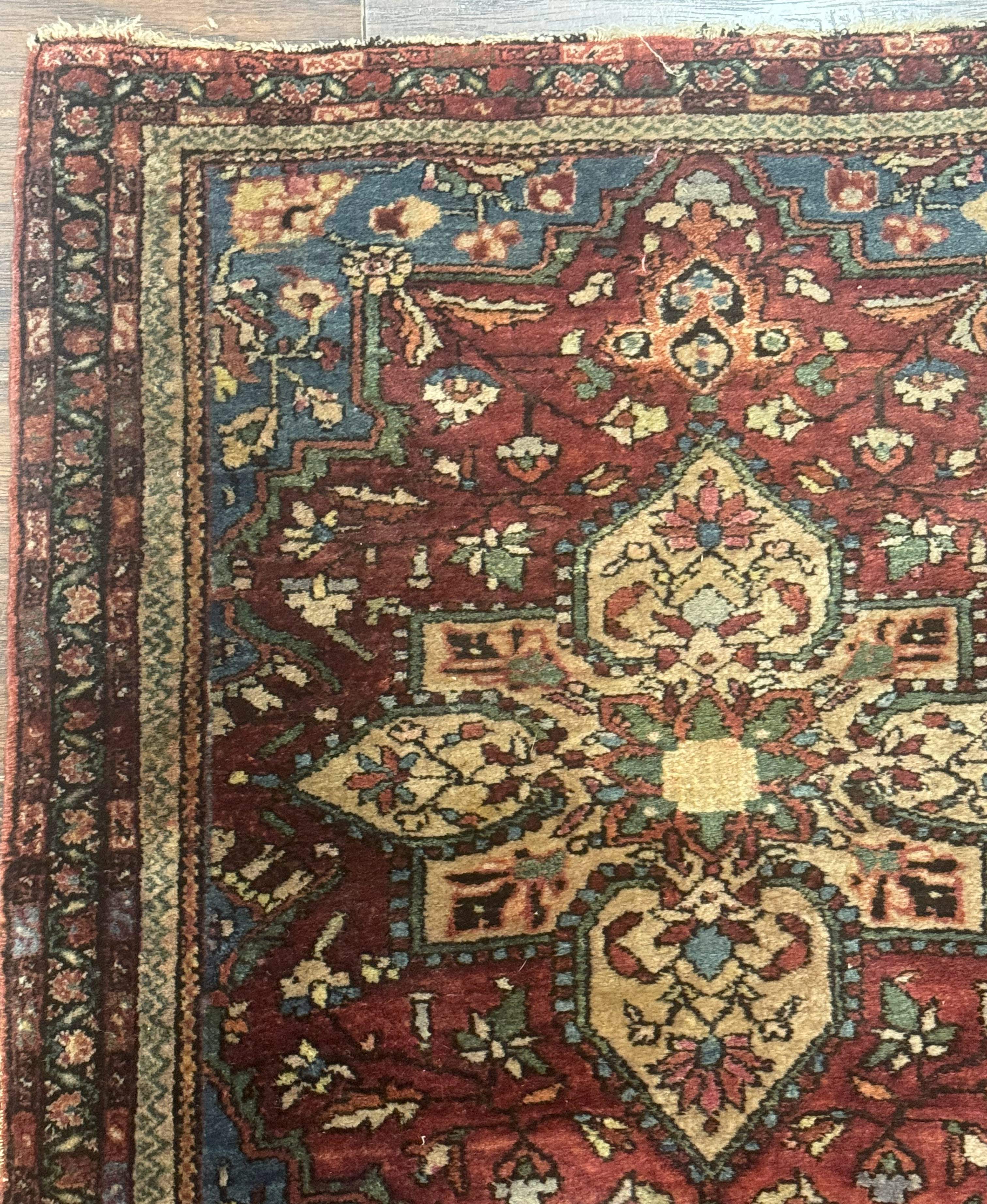 Sarouk Farahan Rug 2x3 - Rust Red and Light Blue, Handmade Wool Persian Small Scatter Rug, Antique, 225 KPSI - Jewel Rugs