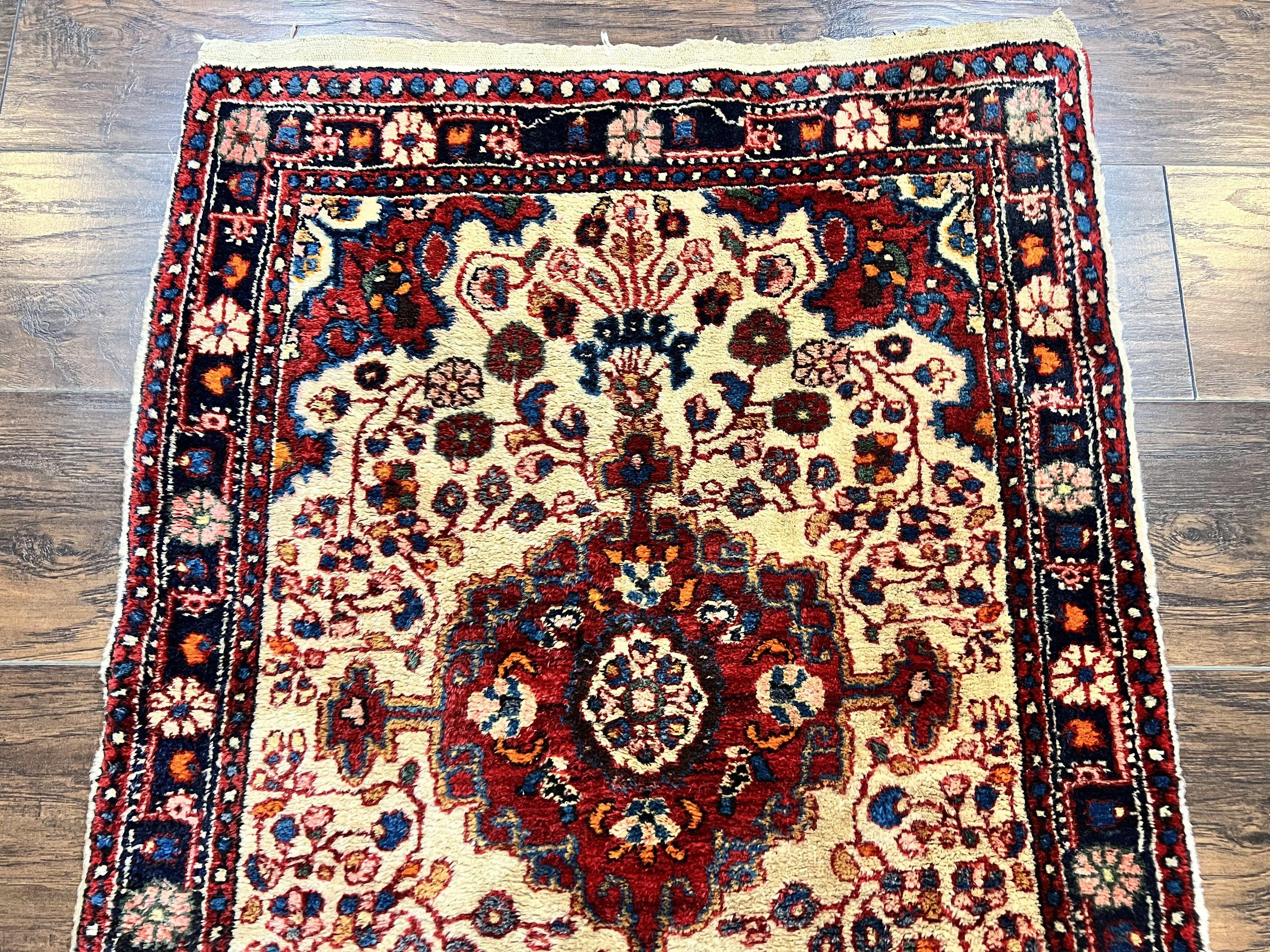 Persian Sarouk Rug 2x3, Antique Wool Hand Knotted Carpet, Cream/Ivory & Red, Small Floral Medallion Rug, Handmade Oriental Carpet - Jewel Rugs
