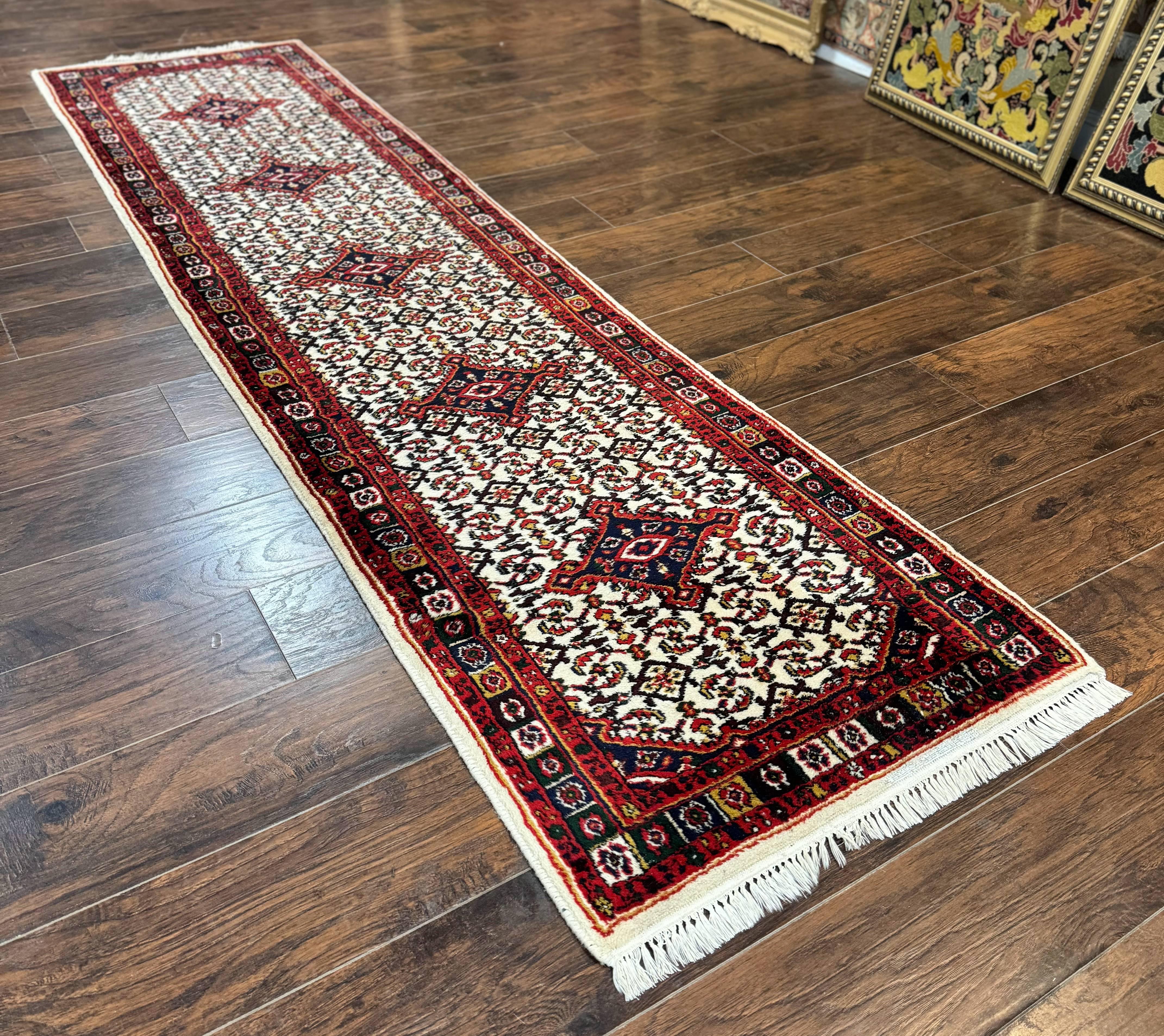 Indo Persian Bidjar Runner Rug 2.8 x 10, Vintage Rug for Hallway, 10ft Runner, Wool Handmade Ivory and Red, Medallions - Jewel Rugs