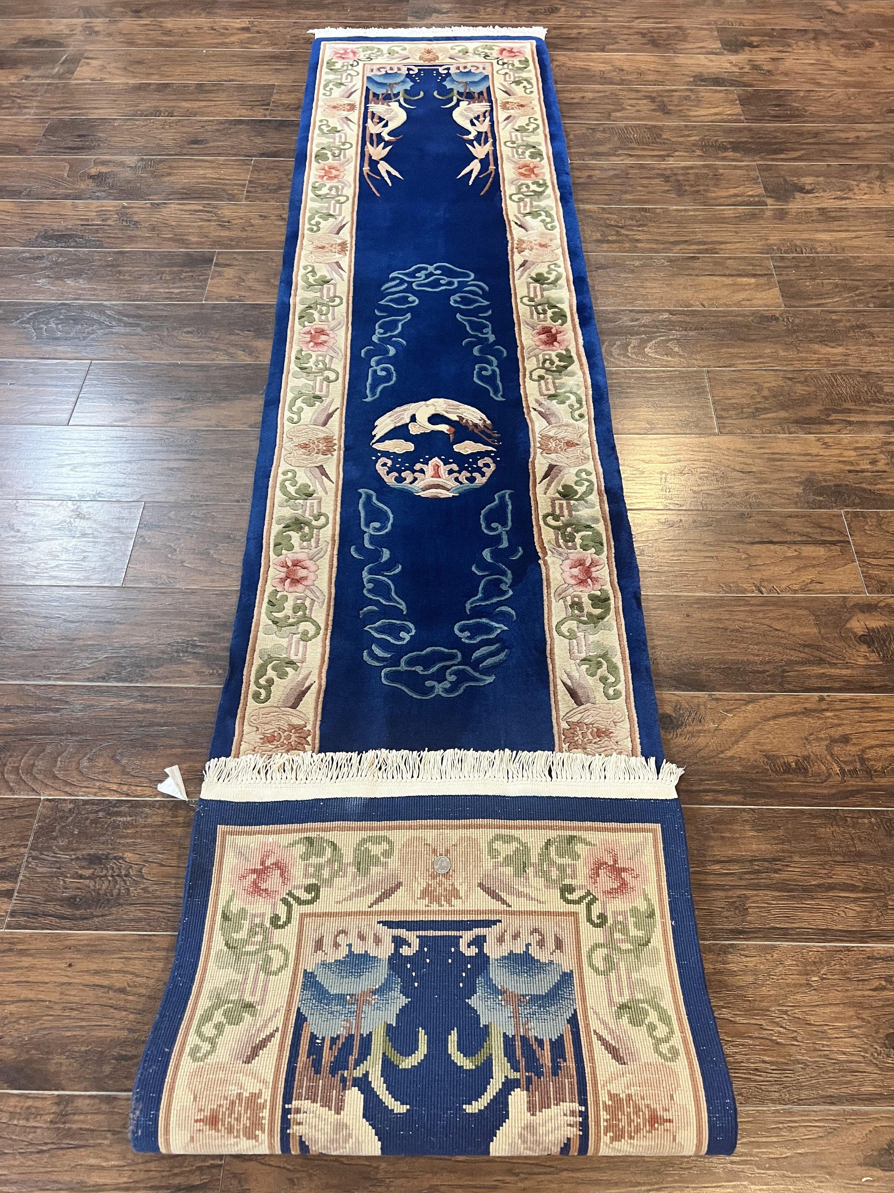 Chinese Wool Runner Rug 2x11, Blue and Beige, Swans, Handmade Vintage Asian Oriental Chinese Carving Rug, Art Deco 2 x 11 ft - Jewel Rugs