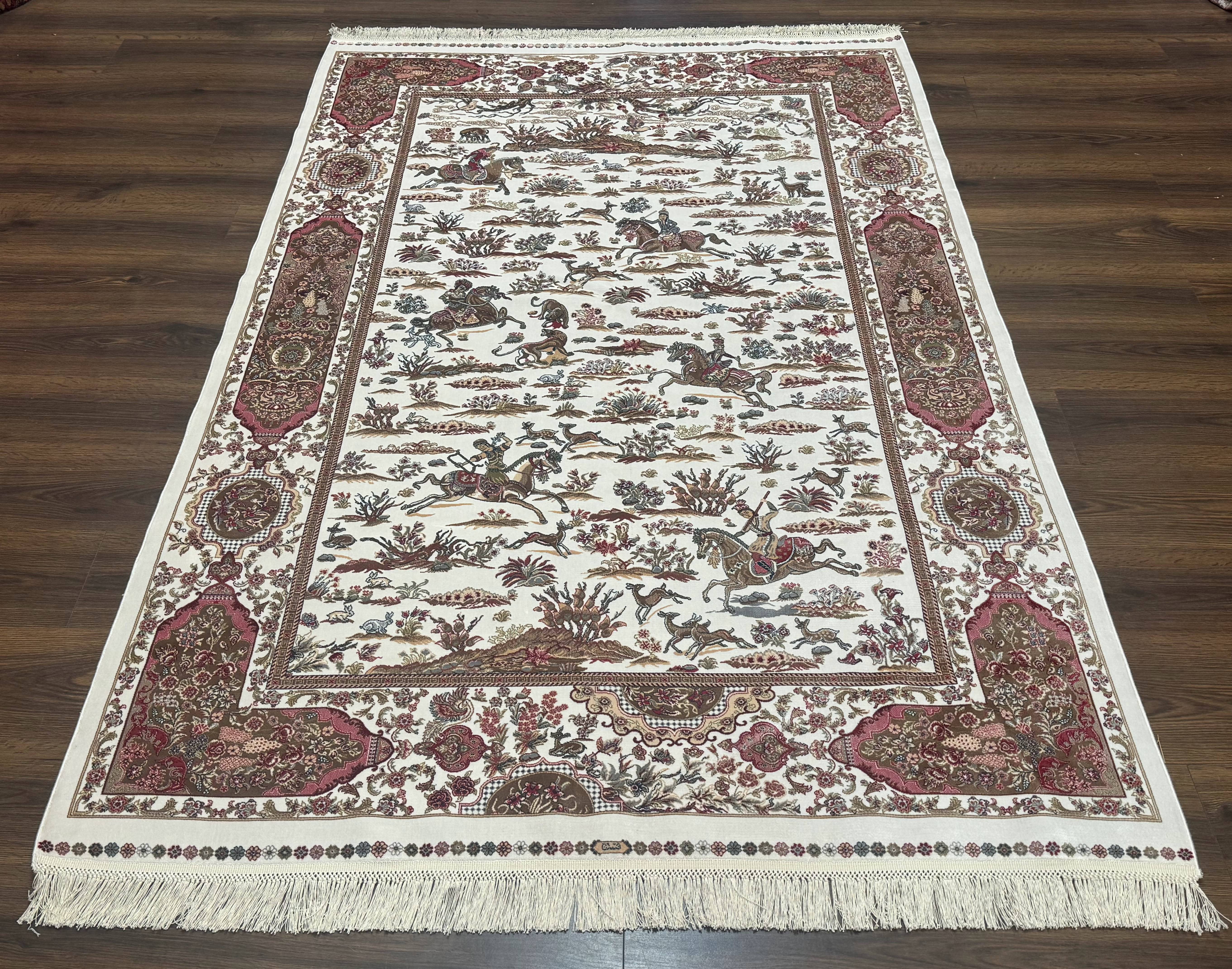 Turkish Silk Rug 5x8, Ivory, Hunting Design, Animal Pictorials, Bamboo Silk - Jewel Rugs