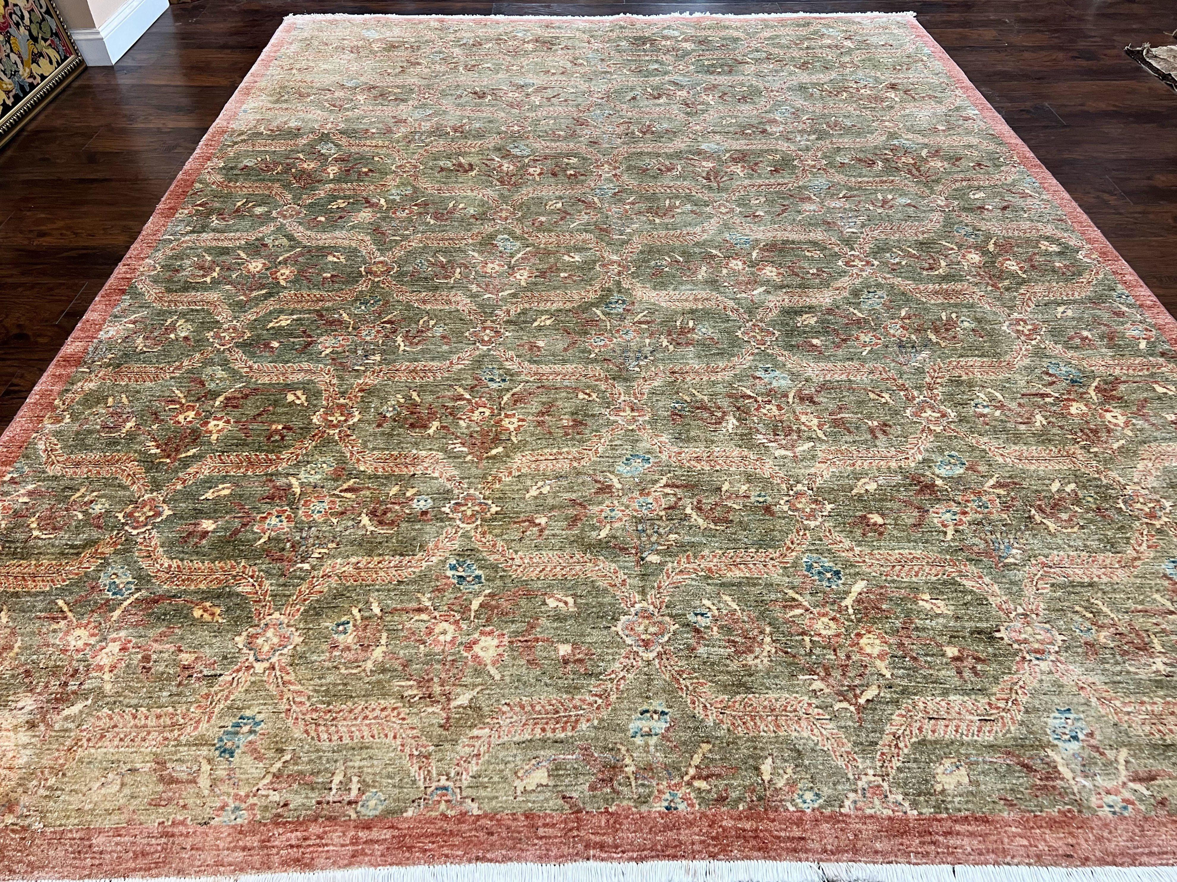 Large Modern Pakistani Rug 9x12, Handmade Wool Carpet, Peshawar Rug, Hand Knotted Oriental Rug, Contemporary, Floral, Light Green - Jewel Rugs