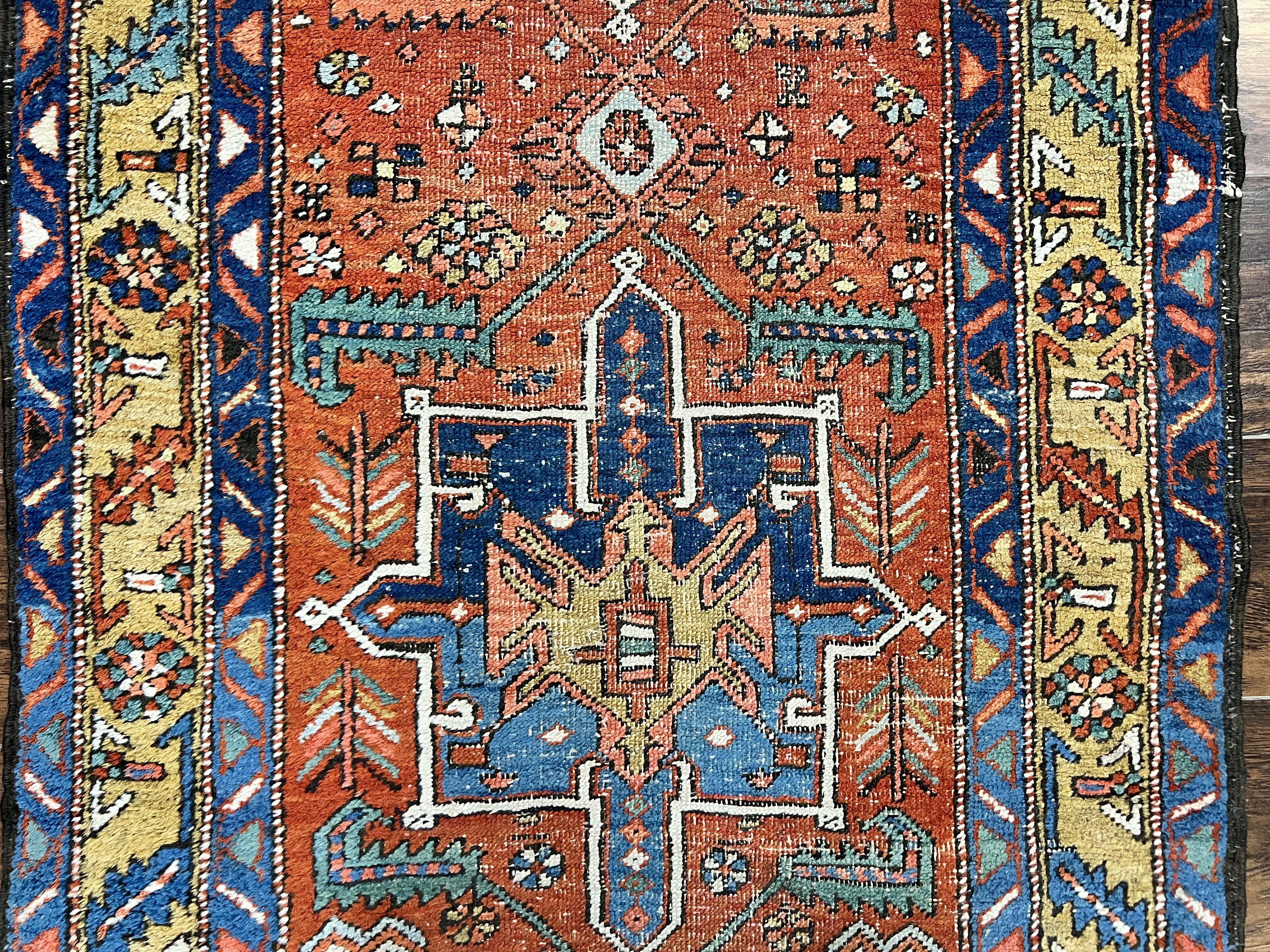 Colorful Persian Karajeh Runner Rug 3 x 10.7, Geometric Heriz Design, Antique Oriental Rug for Hallway, Orange-Red Blue, Handmade Tribal Runner - Jewel Rugs