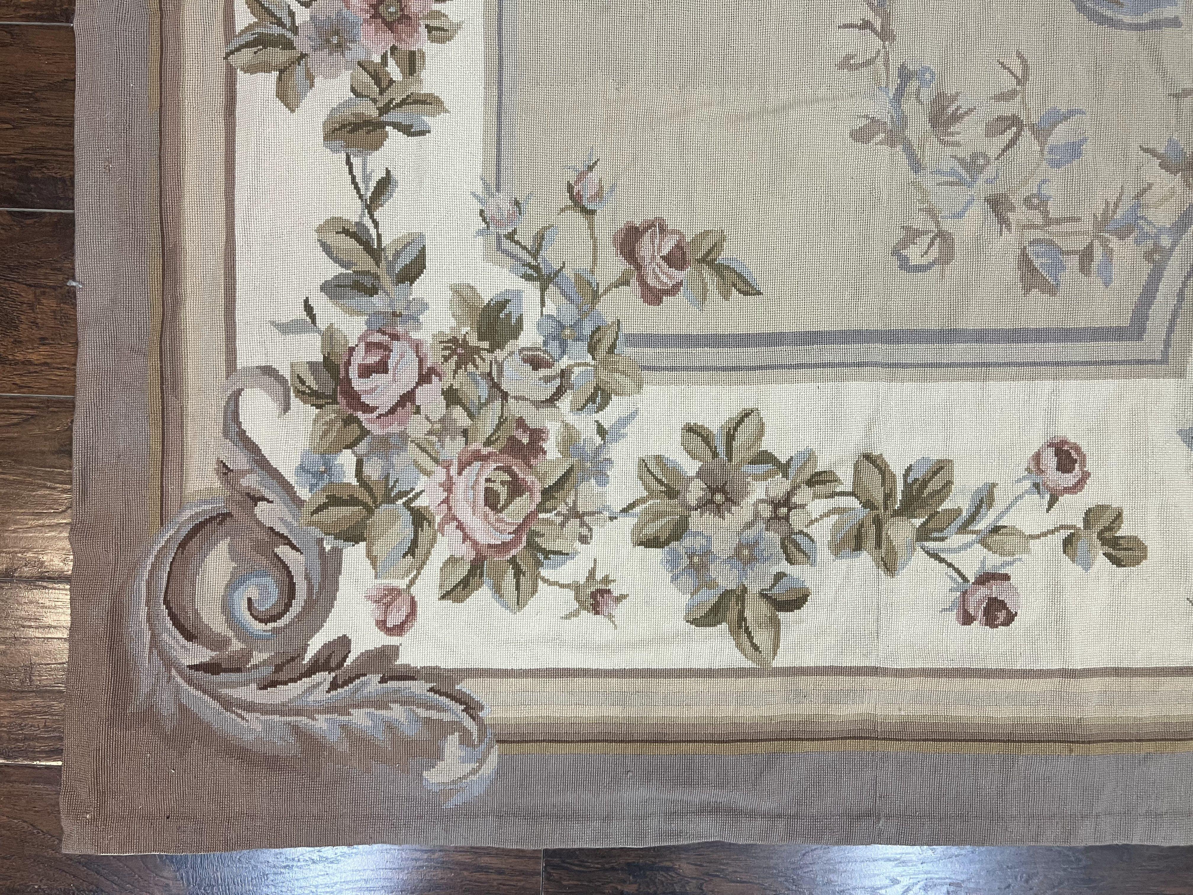 Aubusson Needlepoint Rug 9x12, VIntage Handmade Wool Beige Floral European Elegant Rug 9 x 12, Floral Roses - Jewel Rugs