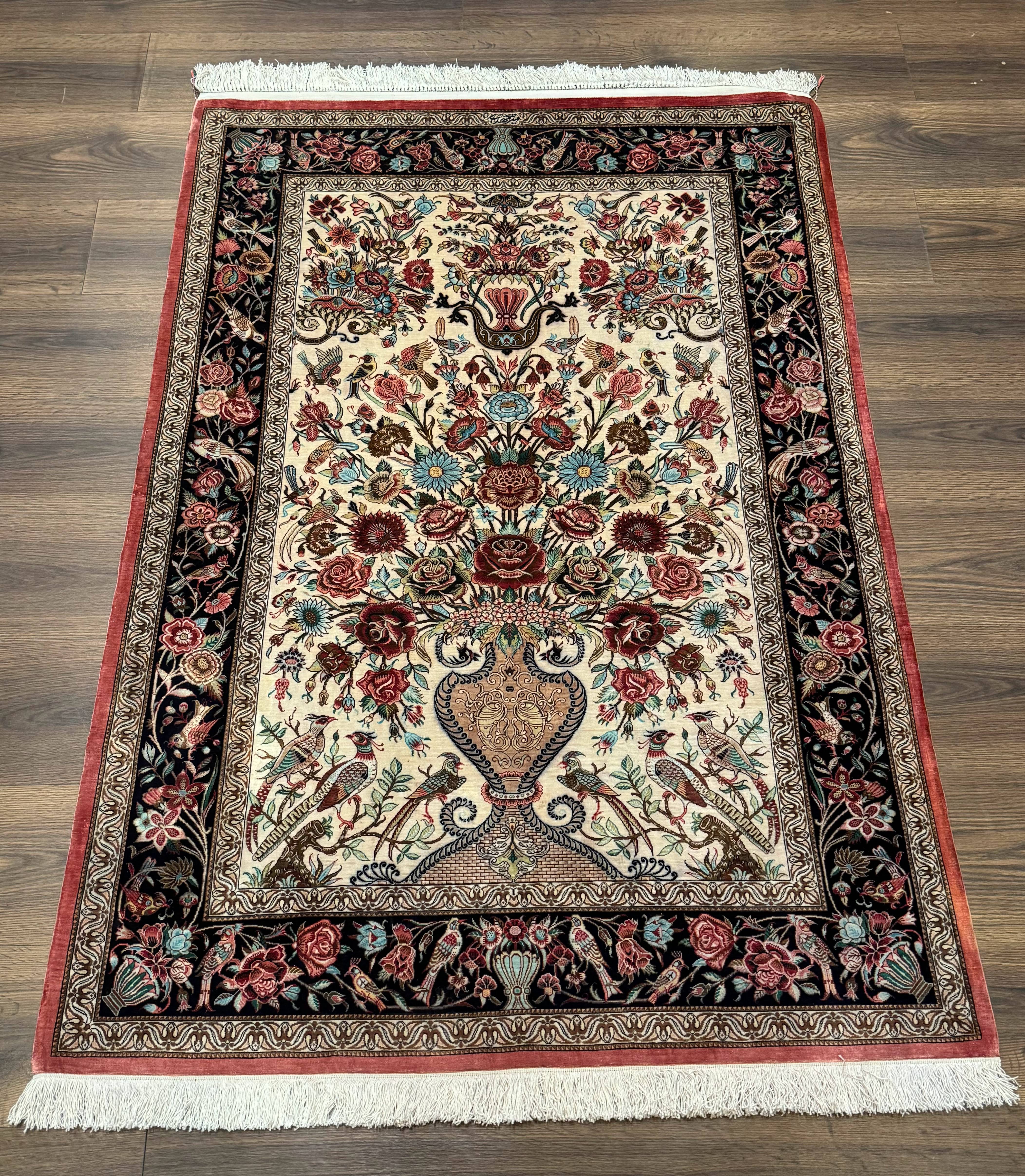 Marvelous Persian Qum Silk Rug 3x5, Exceptionally Fine 650 KPSI, Persian Vase & Birds, Signed Mir Mehdi, Rare - Jewel Rugs