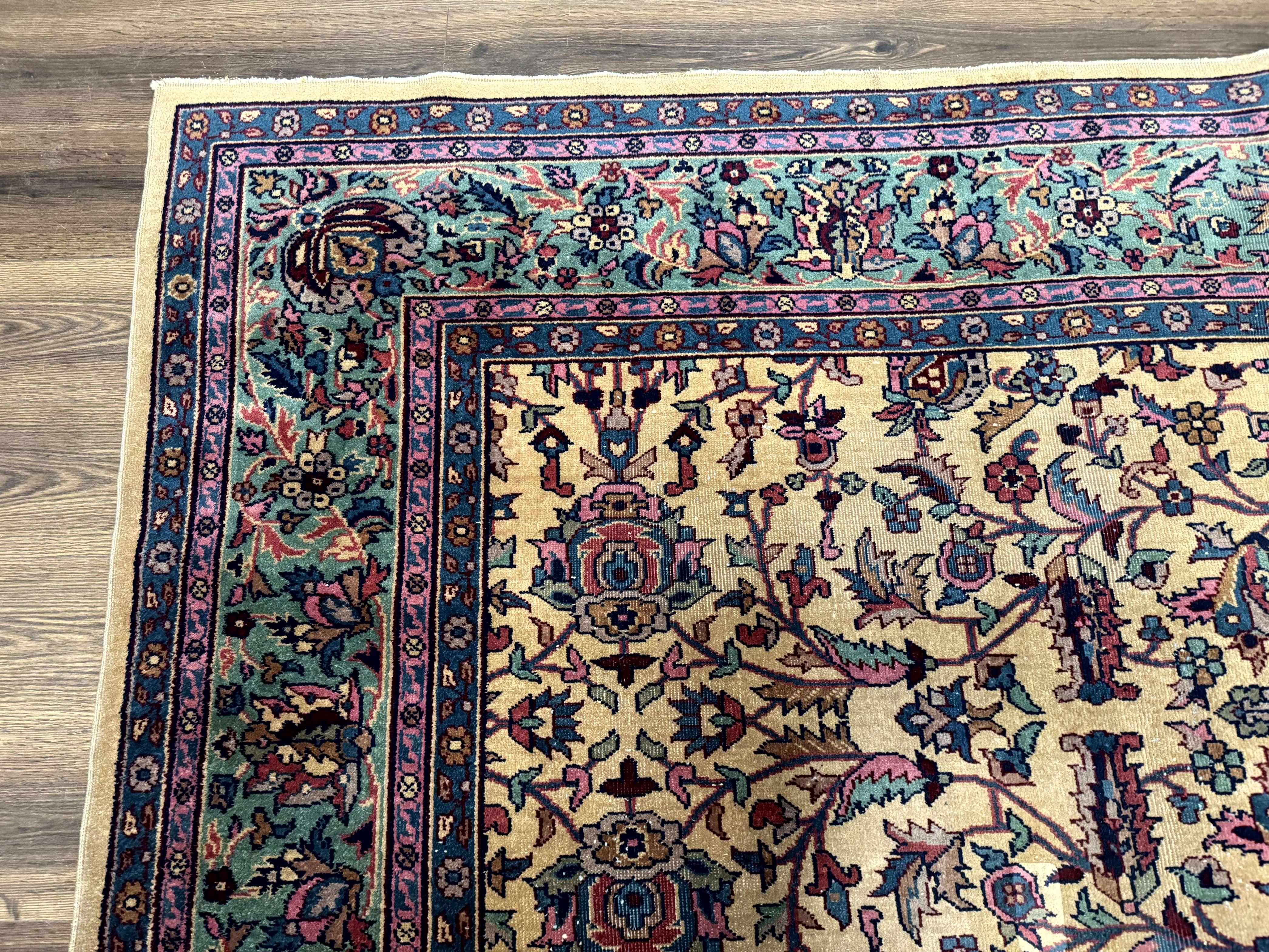 Antique Persian Rug 10x15, Camel and Cyan, Allover Pattern, Rare, Samarkand Rug - Jewel Rugs