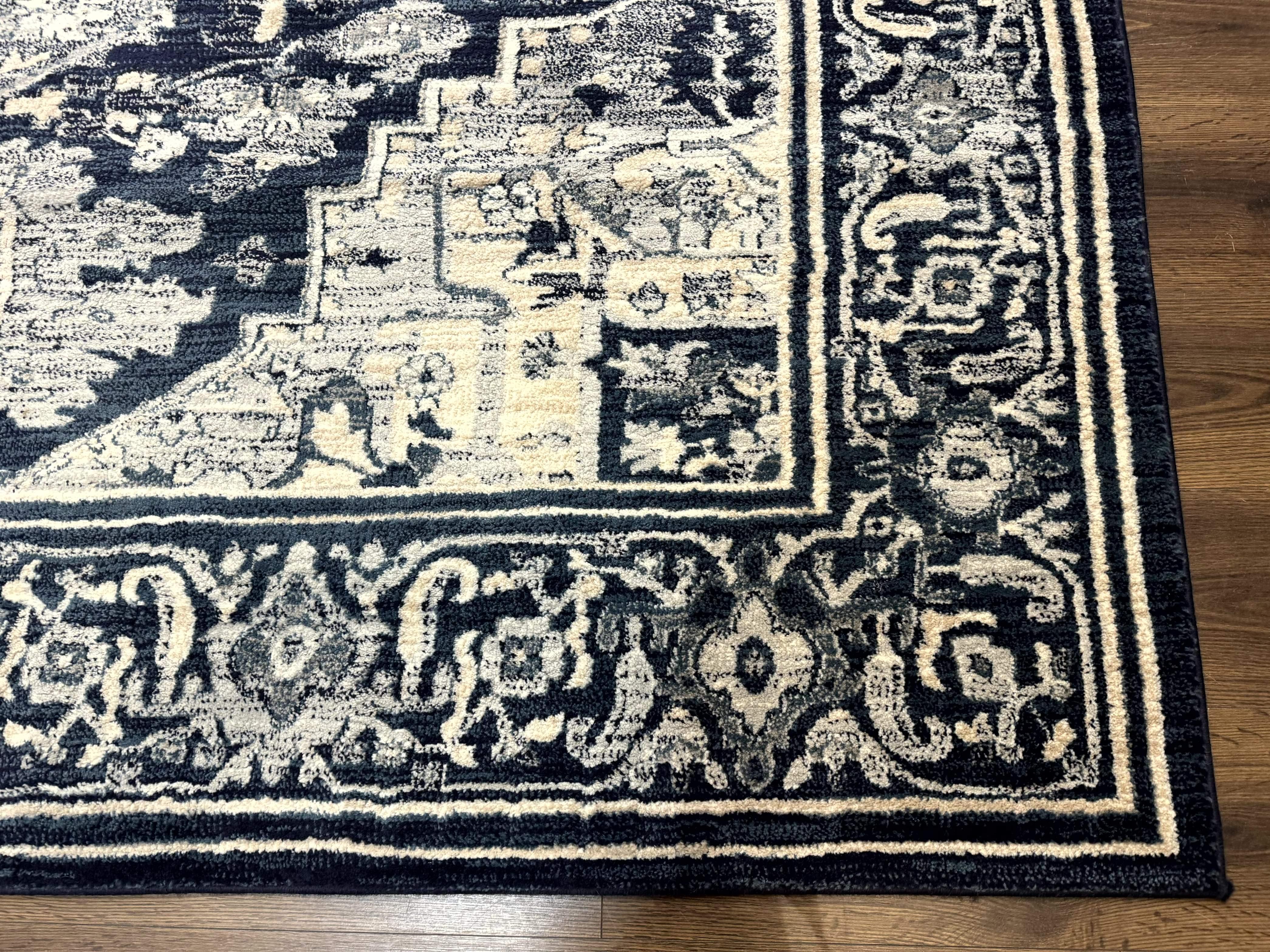 Heriz Pattern Rug 8x10, Modern Heriz Carpet, Geometric Area Rug, Oat and Navy Blue - Jewel Rugs