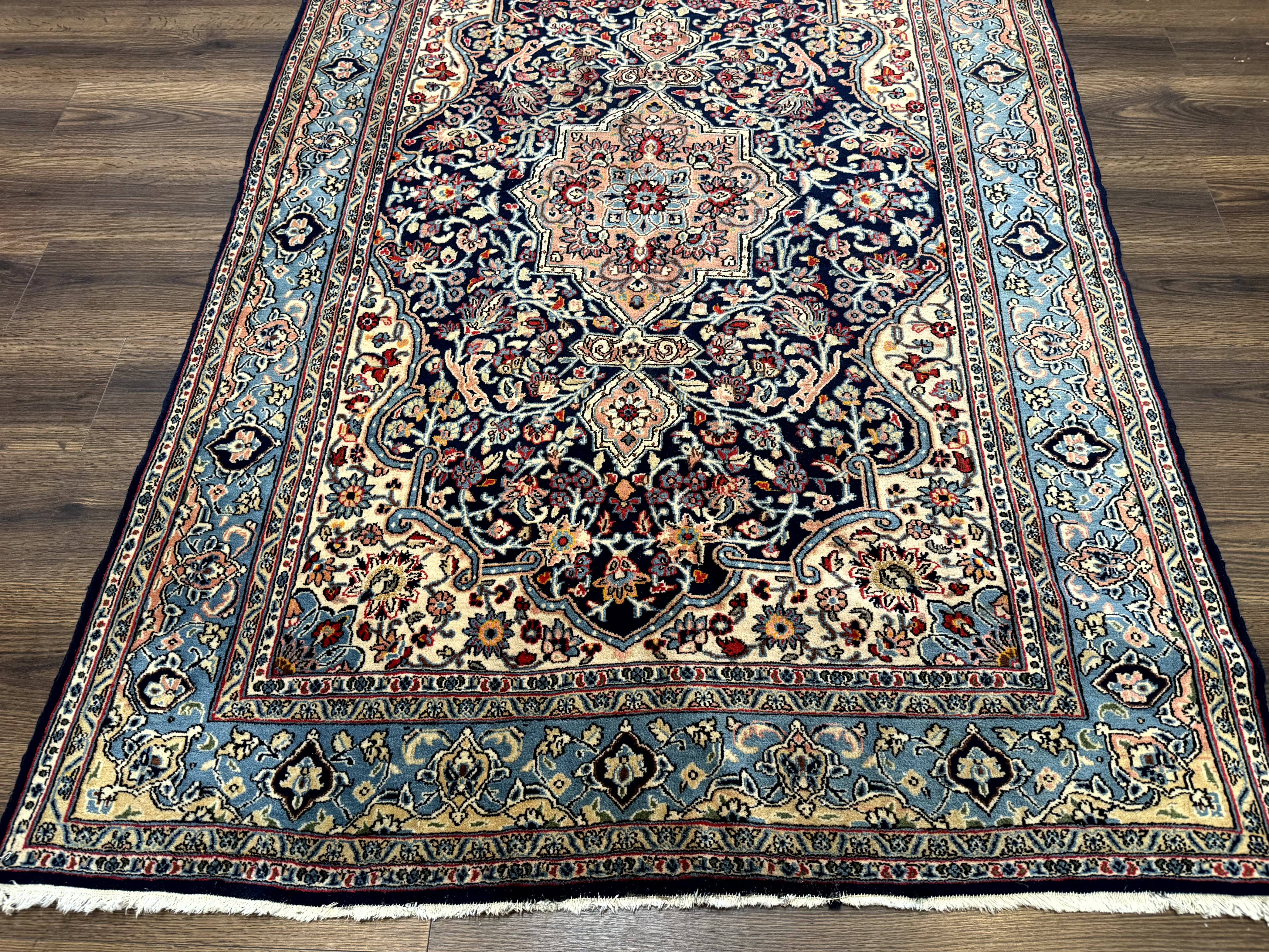 Persian Qum Rug 5x7 in Navy Light Blue and Ivory, Wool wilh Silk Highlights, 225 KPSI - Jewel Rugs