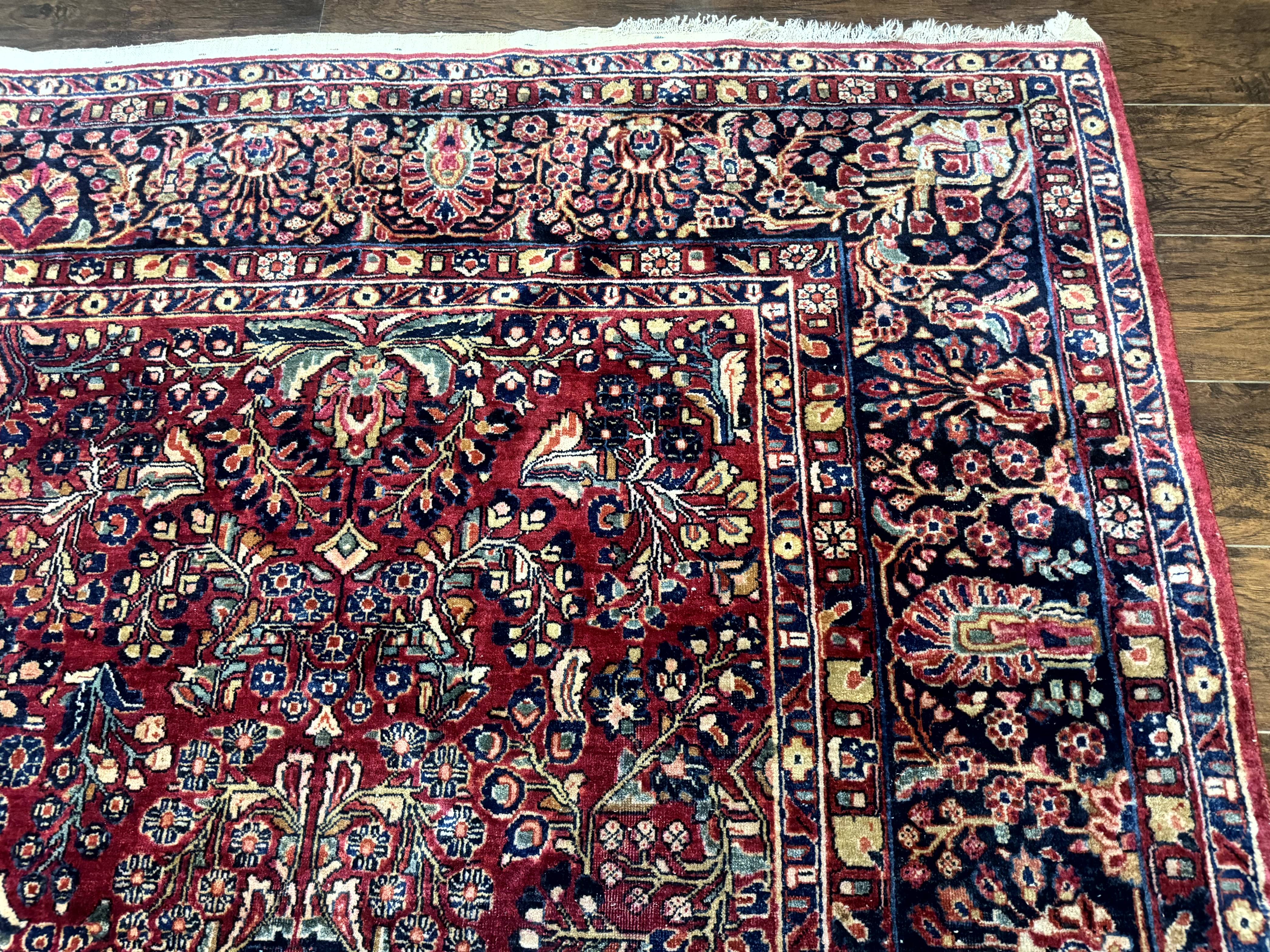 Antique Persian Sarouk Rug 9x12, Red and Blue, Large, Wool, Floral Allover - Jewel Rugs