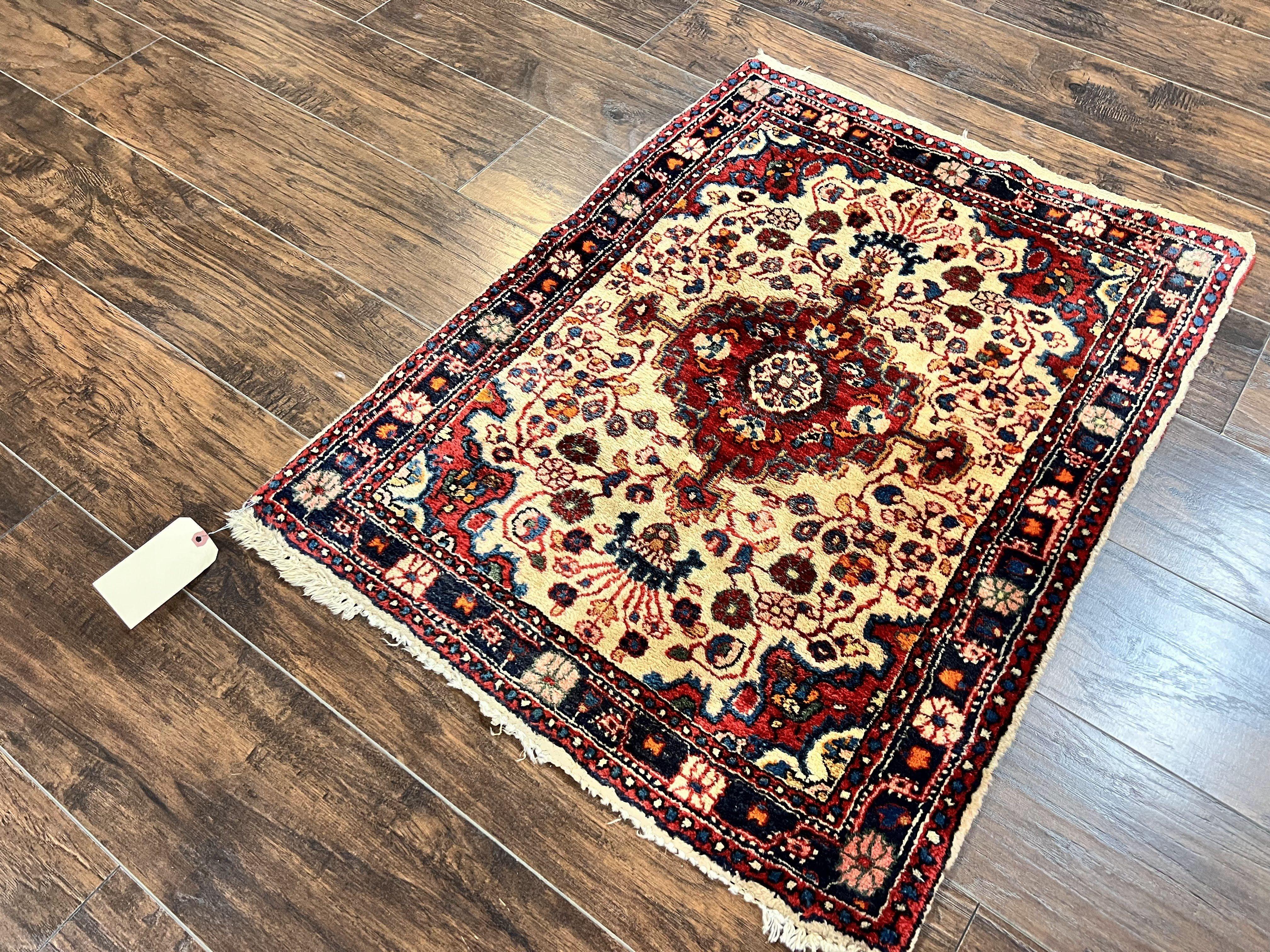 Persian Sarouk Rug 2x3, Antique Wool Hand Knotted Carpet, Cream/Ivory & Red, Small Floral Medallion Rug, Handmade Oriental Carpet - Jewel Rugs