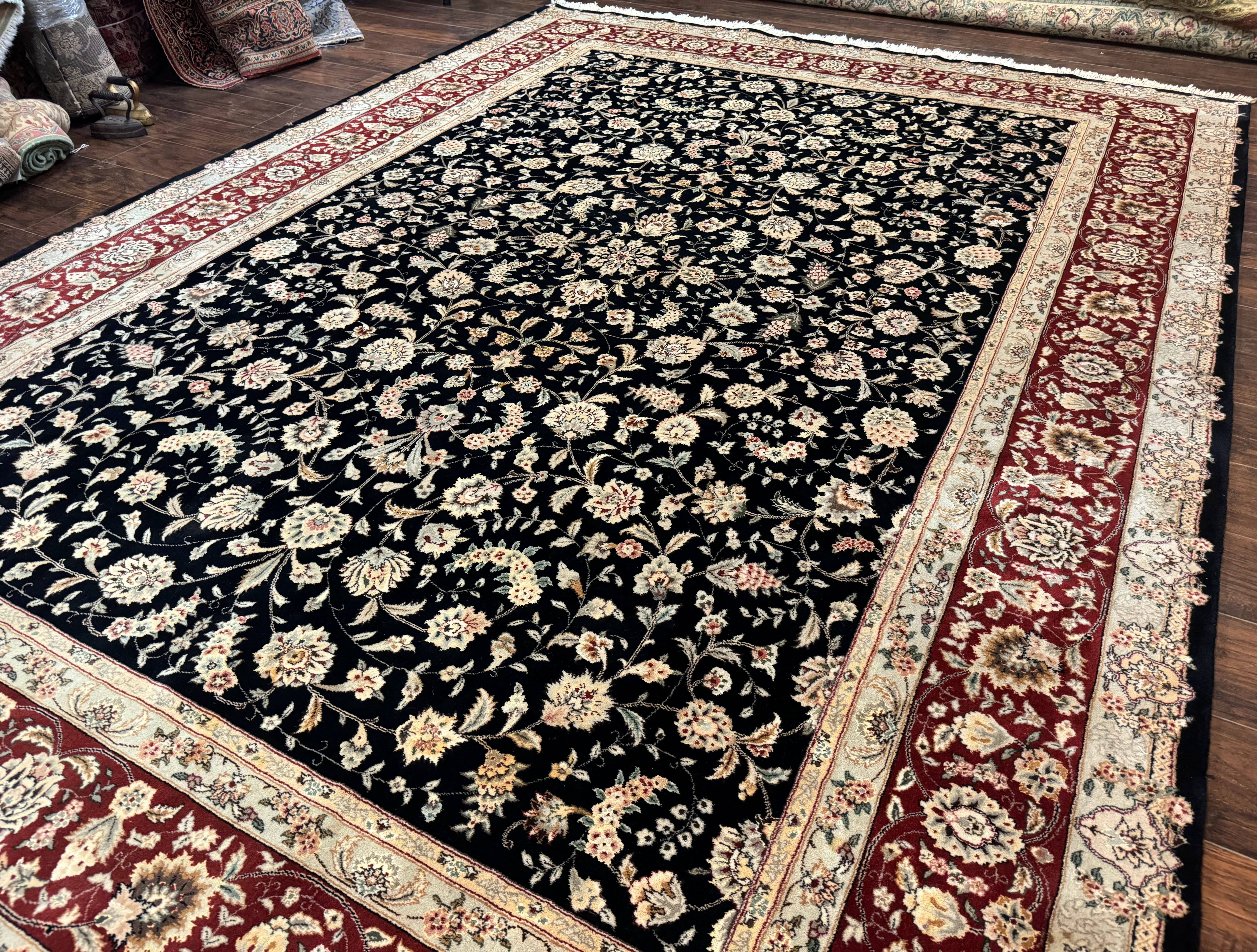 Sino Persian Rug 9x12, Fine Elegant Oriental Carpet 200 KPSI, Black and Dark Red, Allover Floral - Jewel Rugs