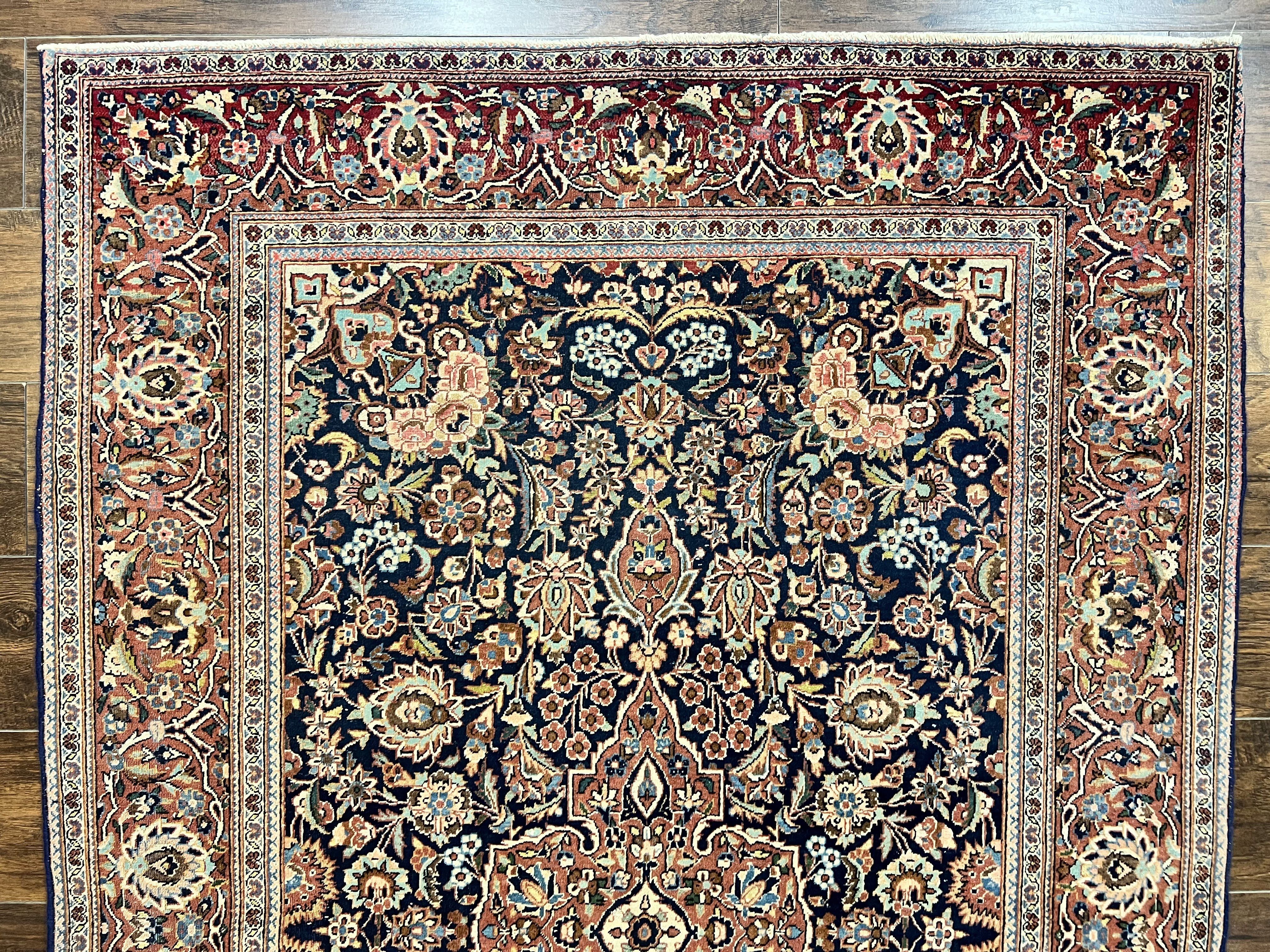 Persian Kashan Rug 4x7, Floral Medallion Vintage Handmade Hand Knotted Navy Blue & Red Wool Oriental Carpet, Highly Detailed Semi Antique Rug - Jewel Rugs
