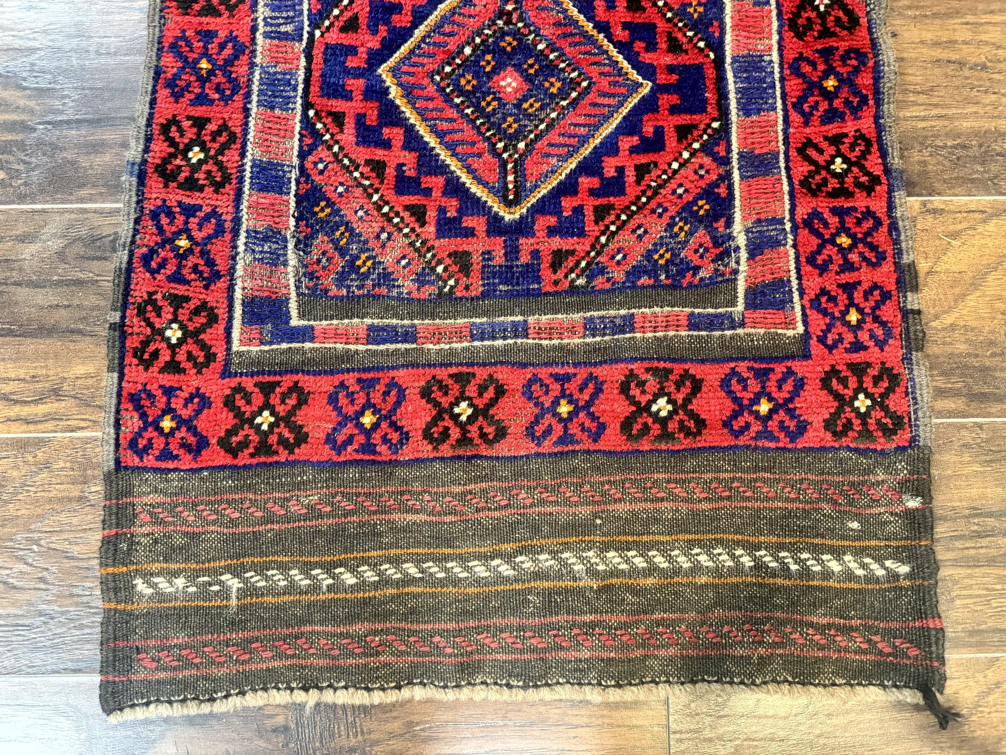 Turkoman Runner Rug 2 x 8.6, Skinny Runner, Handmade Wool Carpet for Hallway, Red and Blue, Wool, Vintage 8ft Runner - Jewel Rugs