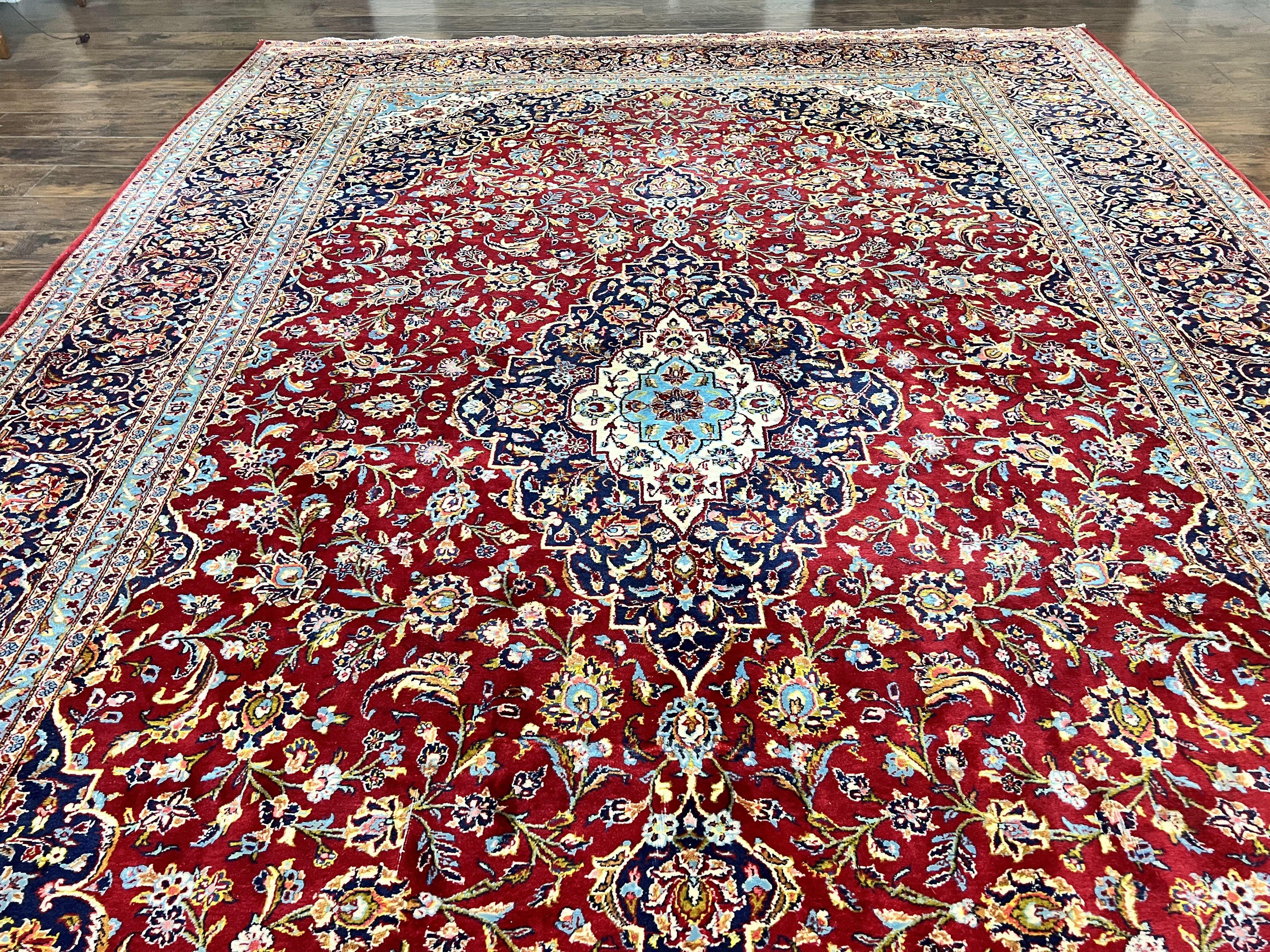 Persian Kashan Rug 10x14, Wool Hand Knotted Vintage Carpet, Red & Navy Blue Floral Allover Rug, Traditional Oriental Rug 10 x 14, Semi Antique - Jewel Rugs