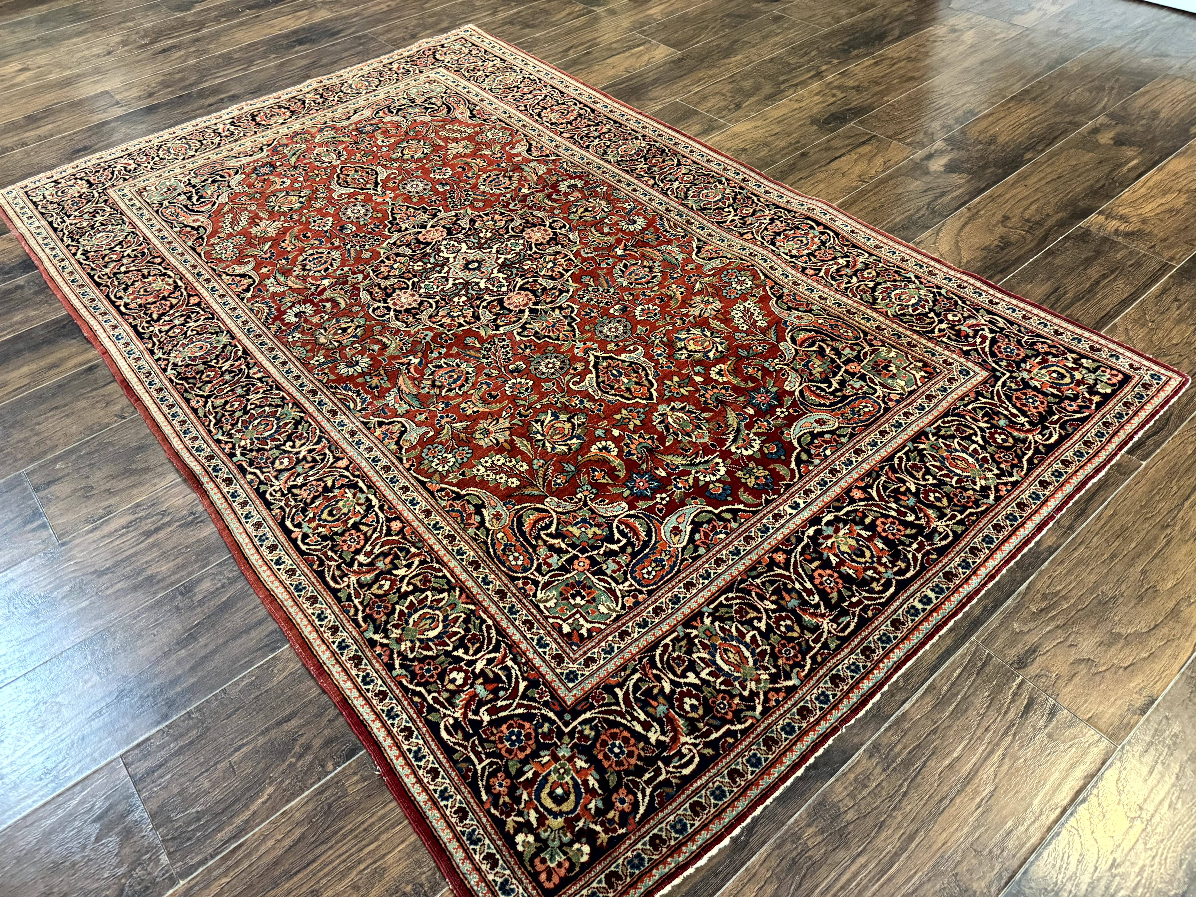Persian Kashan Rug 4x7, Red and Navy Blue, Floral Antique Carpet - Jewel Rugs