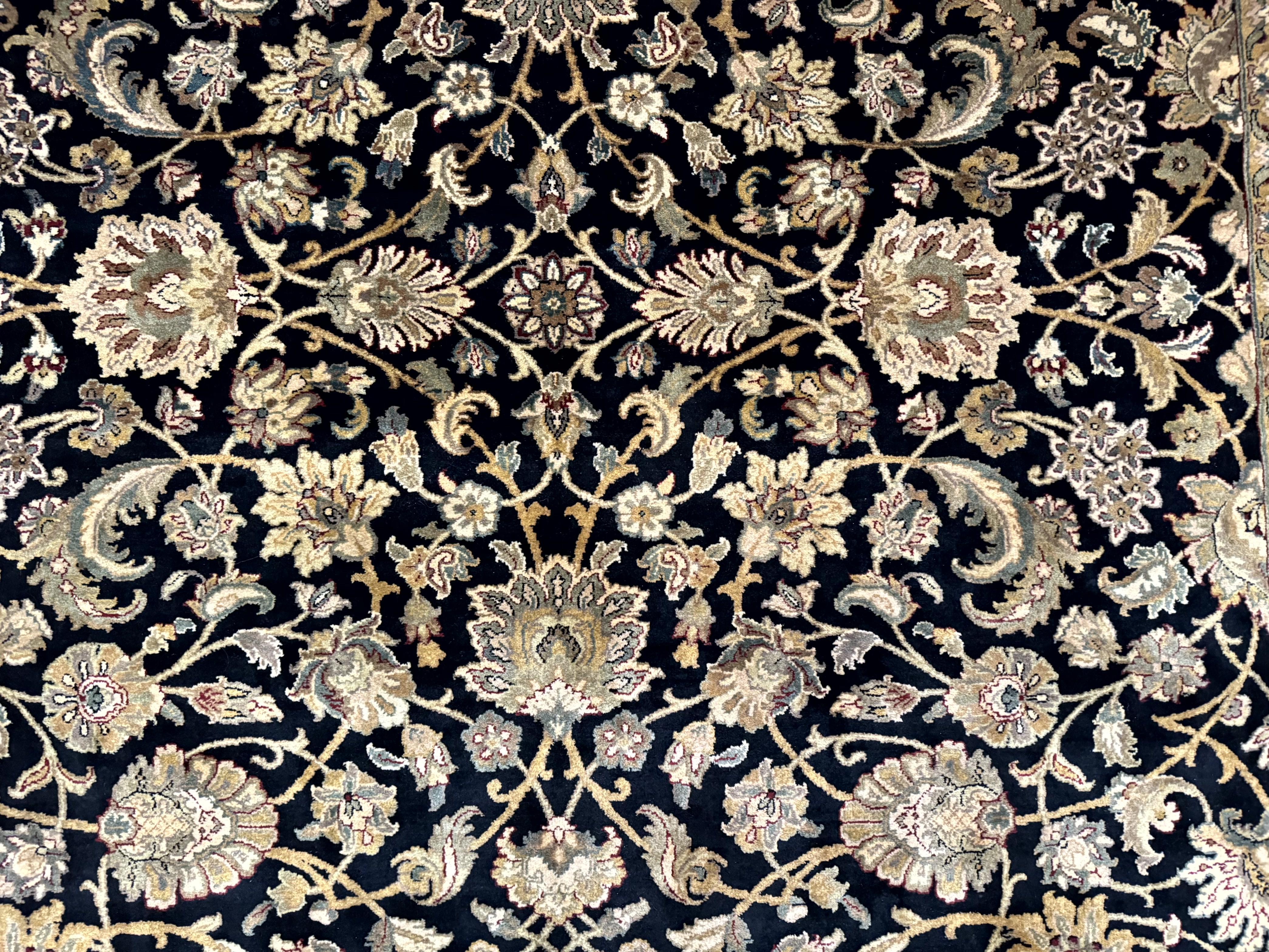 Indo Persian Rug 8x10, Black and Green, Wool, Handmade, Traditional, Floral Allover, Vintage - Jewel Rugs