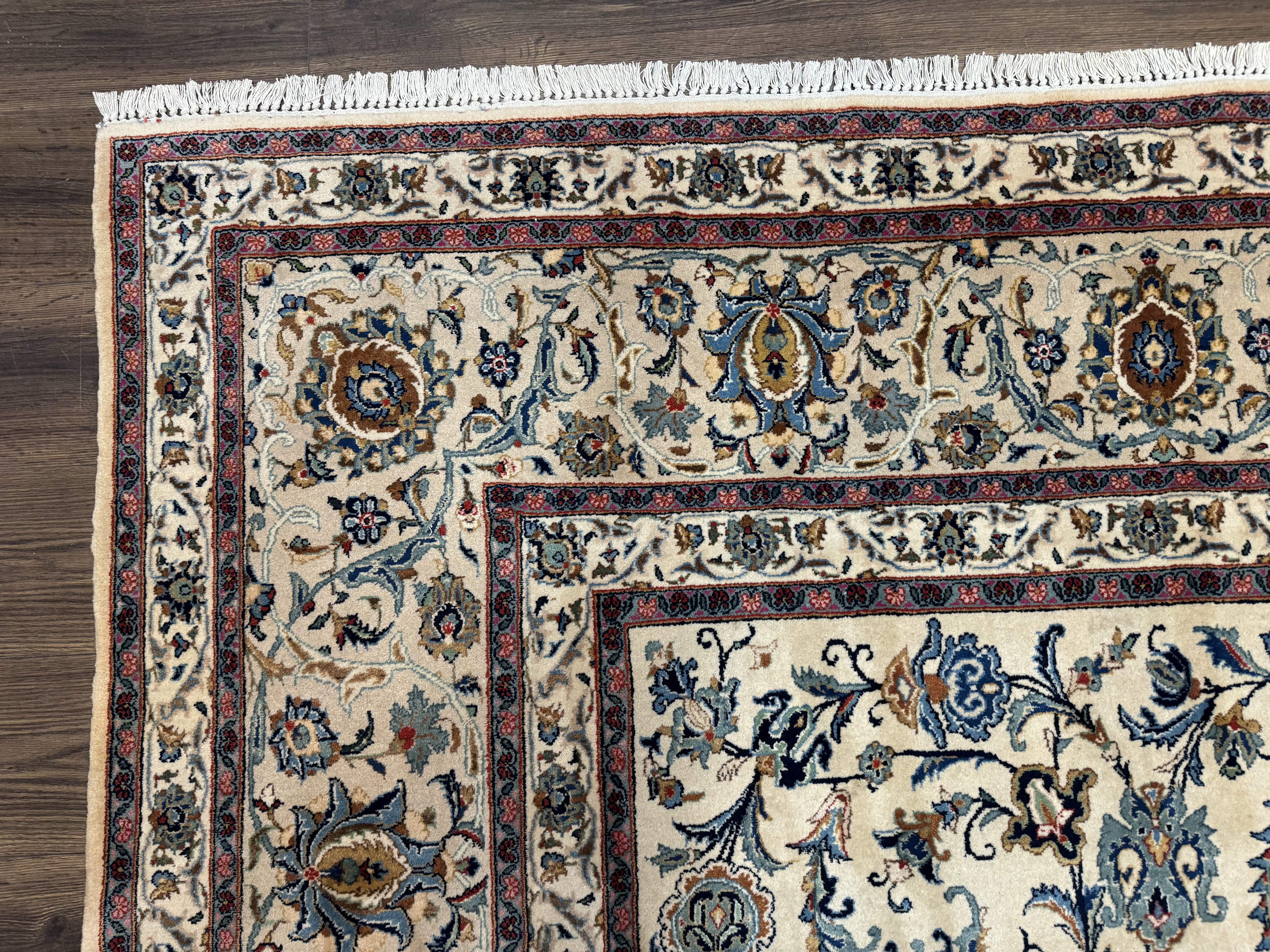 Persian Kashan Rug 10x14, Bone - Beige and Blue, Allover Pattern, Traditional Persian Carpet, Fine 260 KPSI - Jewel Rugs