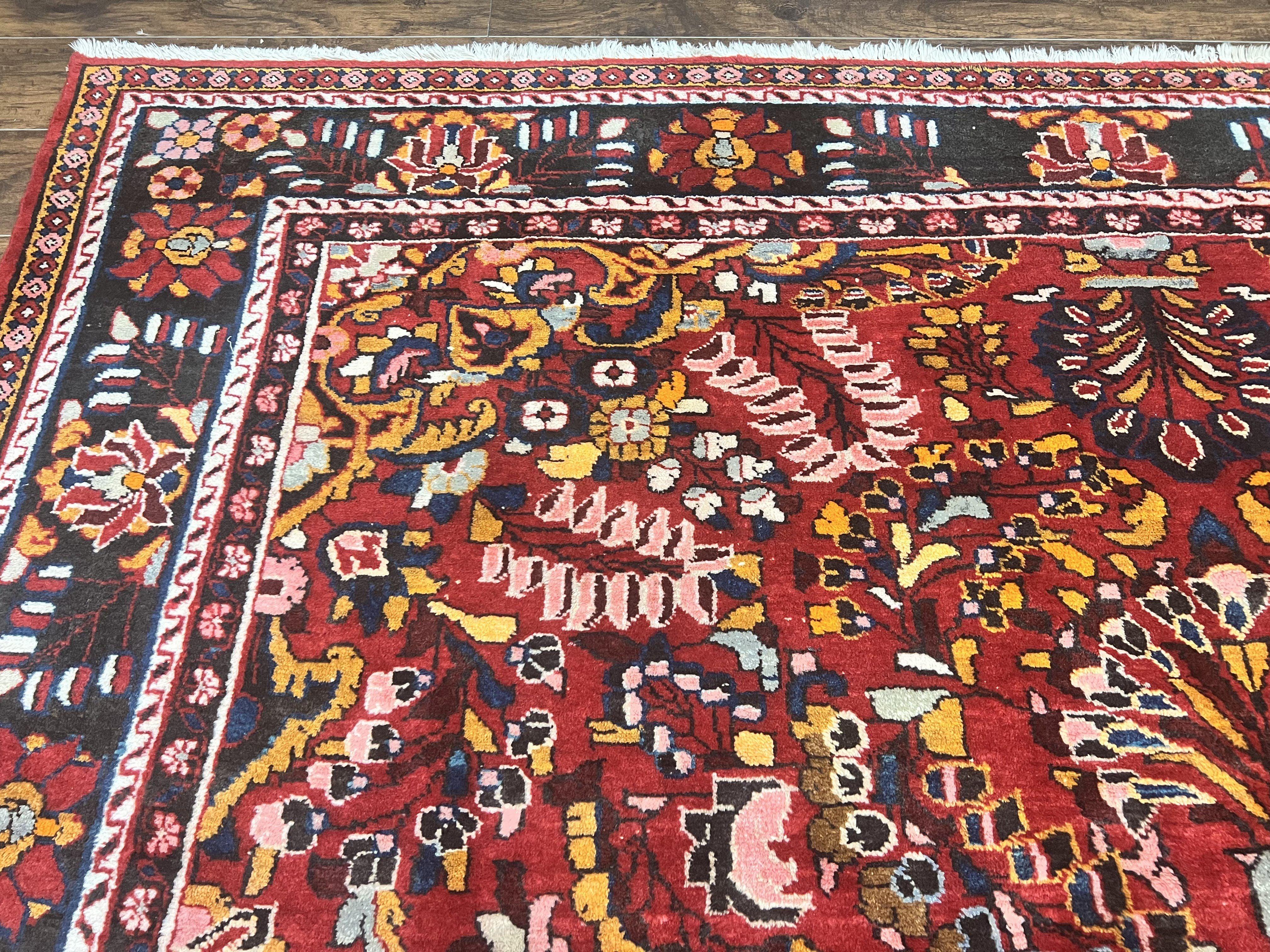 Antique Persian Lilian Rug 9x13, Wool Hand Knotted Red Persian Hamadan Carpet, Floral Medallion, Room Sized Authentic Oriental Rug - Jewel Rugs