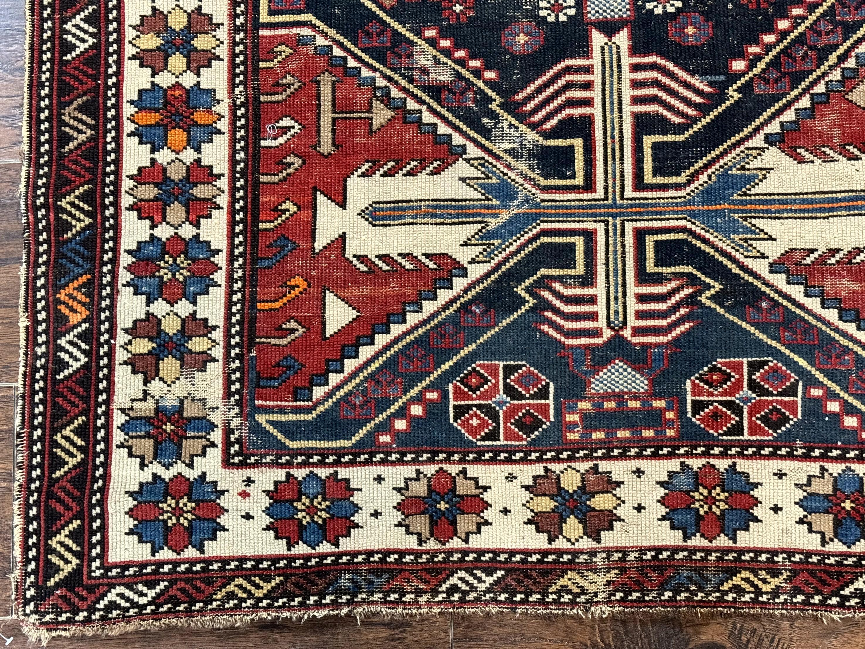 Antique Shirvan Caucasian Rug 3x5, Geometric Pattern, Red Navy Blue Beige - Jewel Rugs