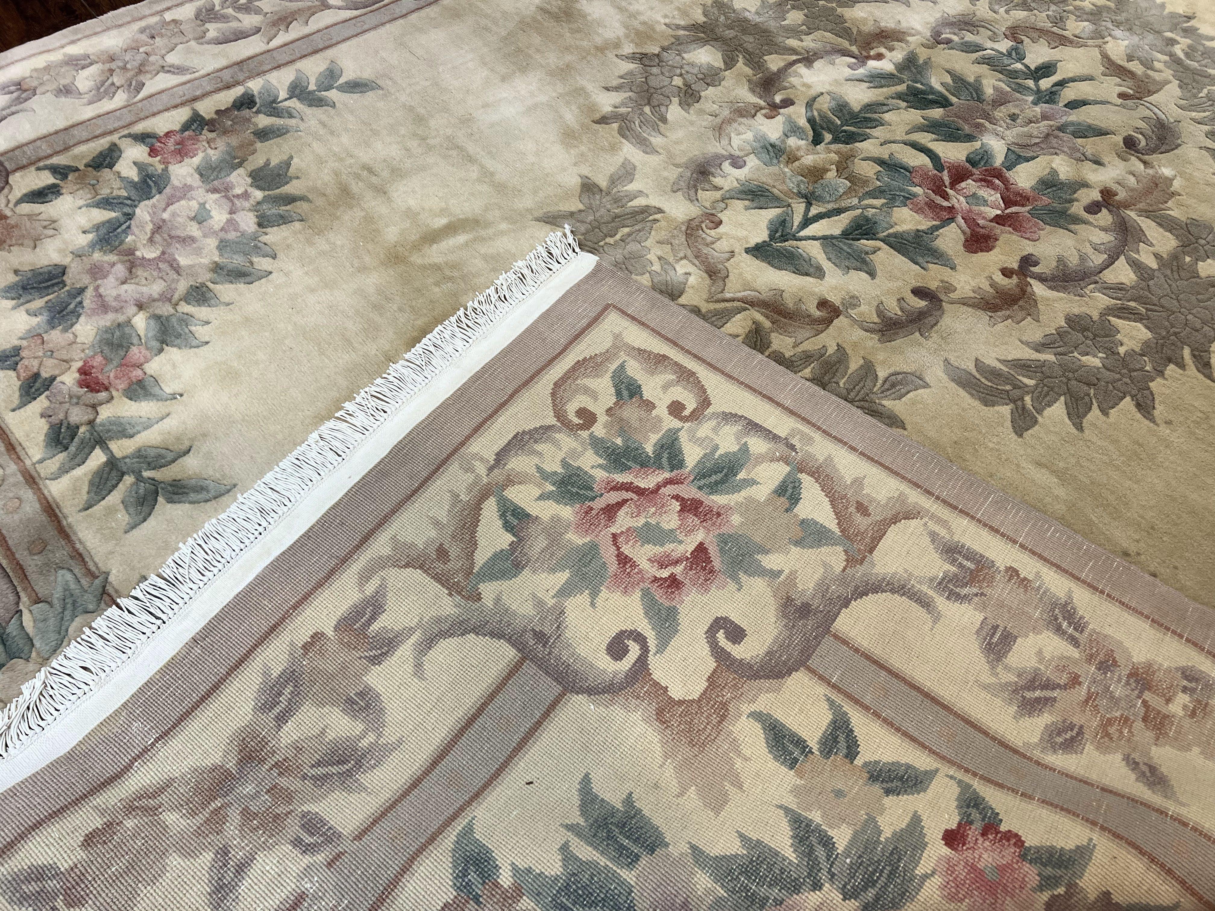 Chinese 90 Line Rug 9x12 ft, Vintage 1960s Chinese Wool Pile Aubusson Area Rug 9 x 12 ft, Tientsin Asian Oriental Rug, Floral - Jewel Rugs