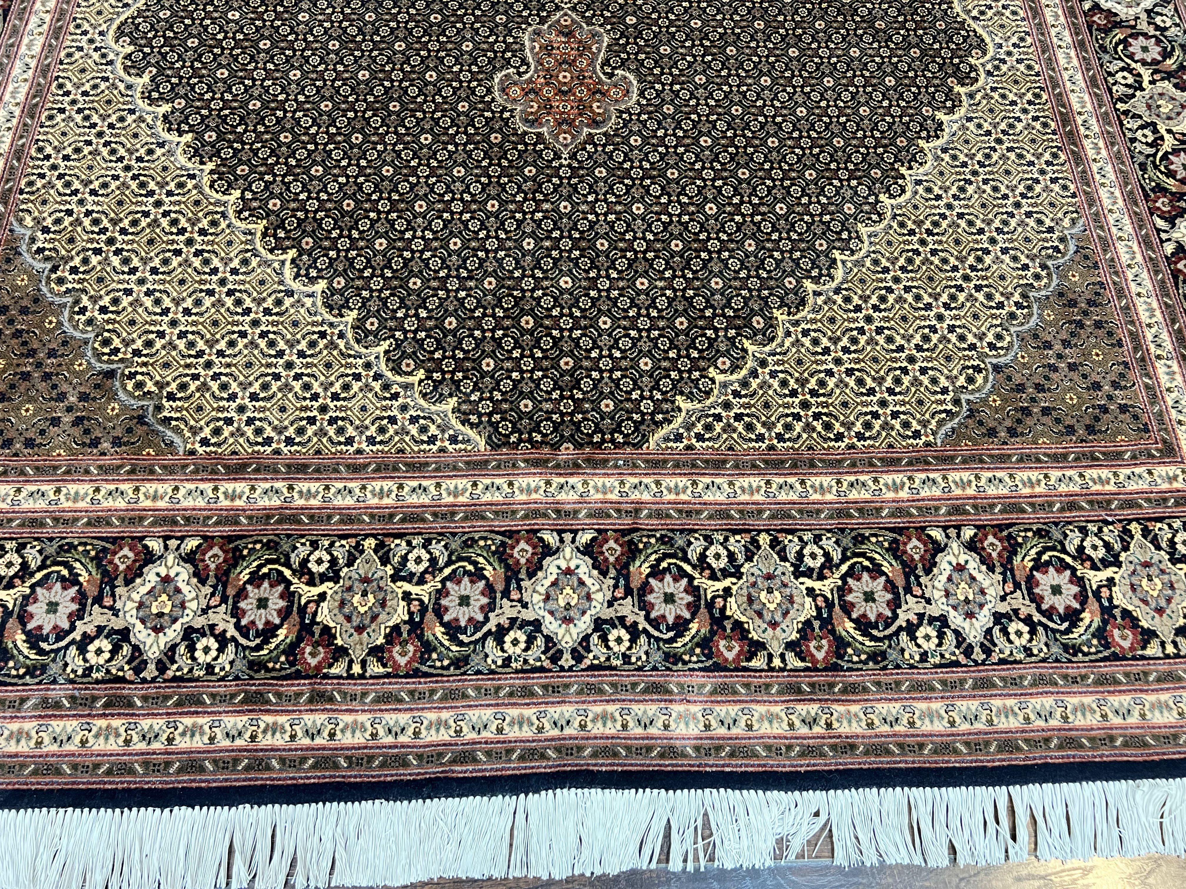 Persian Tabriz Rug 7x10, Very Fine 330 KPSI 50 Raj, Black and Beige, Handmade Wool Vintage Persian Carpet - Jewel Rugs