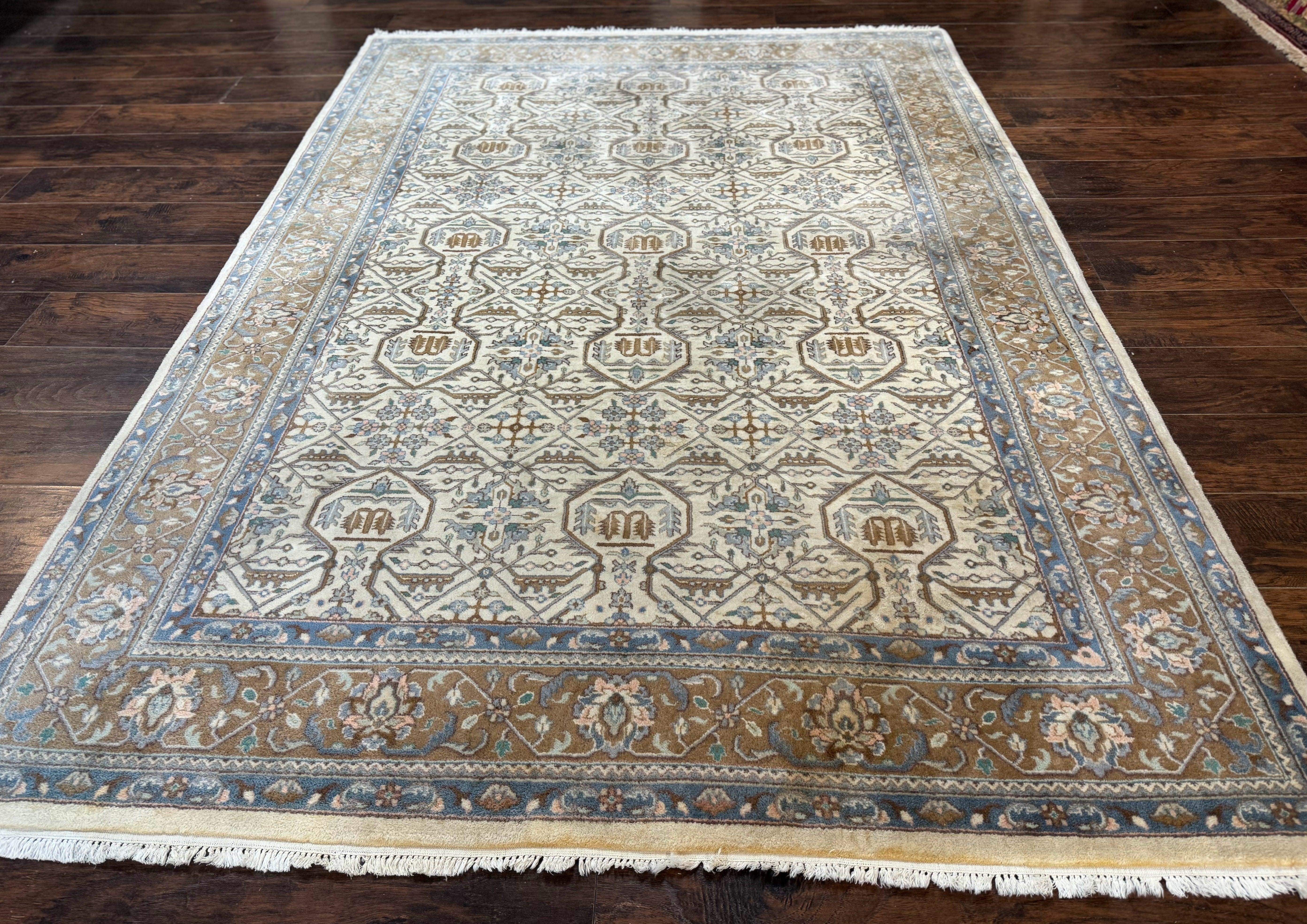 Indo Persian Rug 6x9, Beige, Allover Pattern, Vintage Wool Oriental Carpet - Jewel Rugs