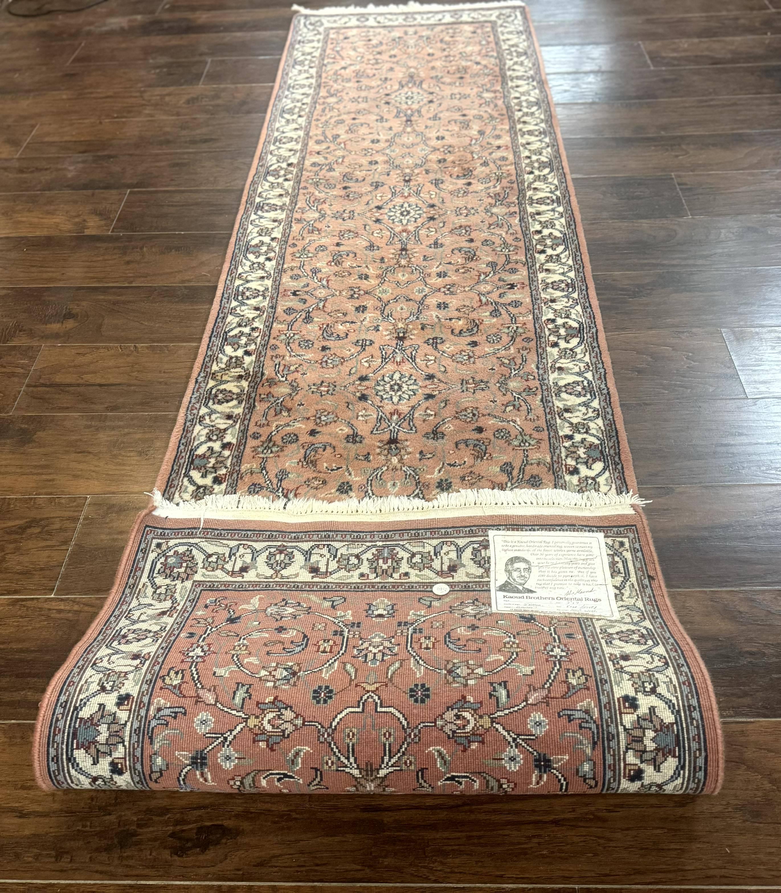 Indo Persian Runner Rug 2.6 x 10, Coral and Cream, Hand Knotted 10ft Wool Oriental Runner for Hallway or Kitchen - Jewel Rugs