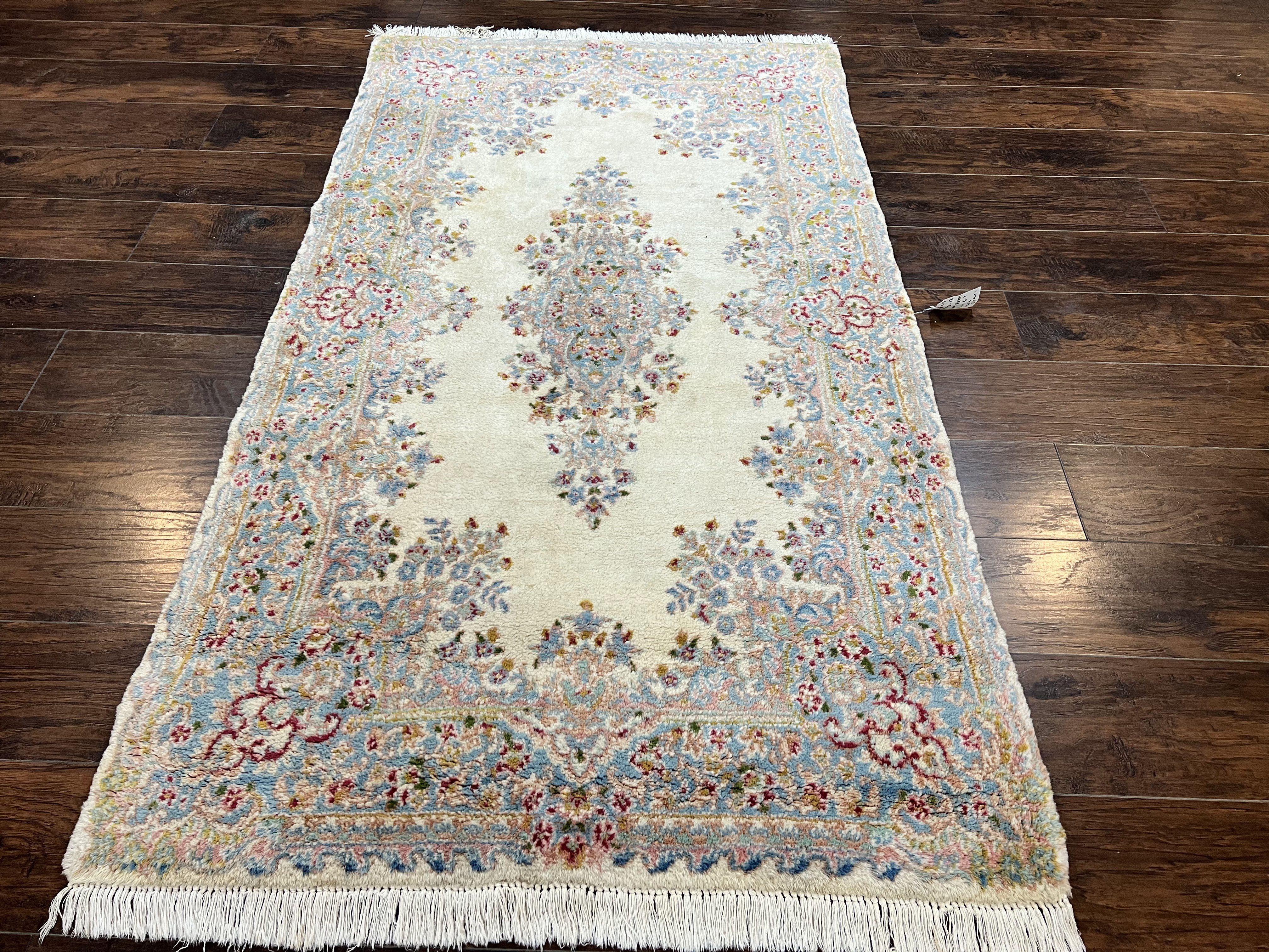 Persian Kirman Rug 4x7, Wool Handmade Vintage Carpet, Cream & Light Blue, Semi Open Field, Traditional Oriental Rug - Jewel Rugs