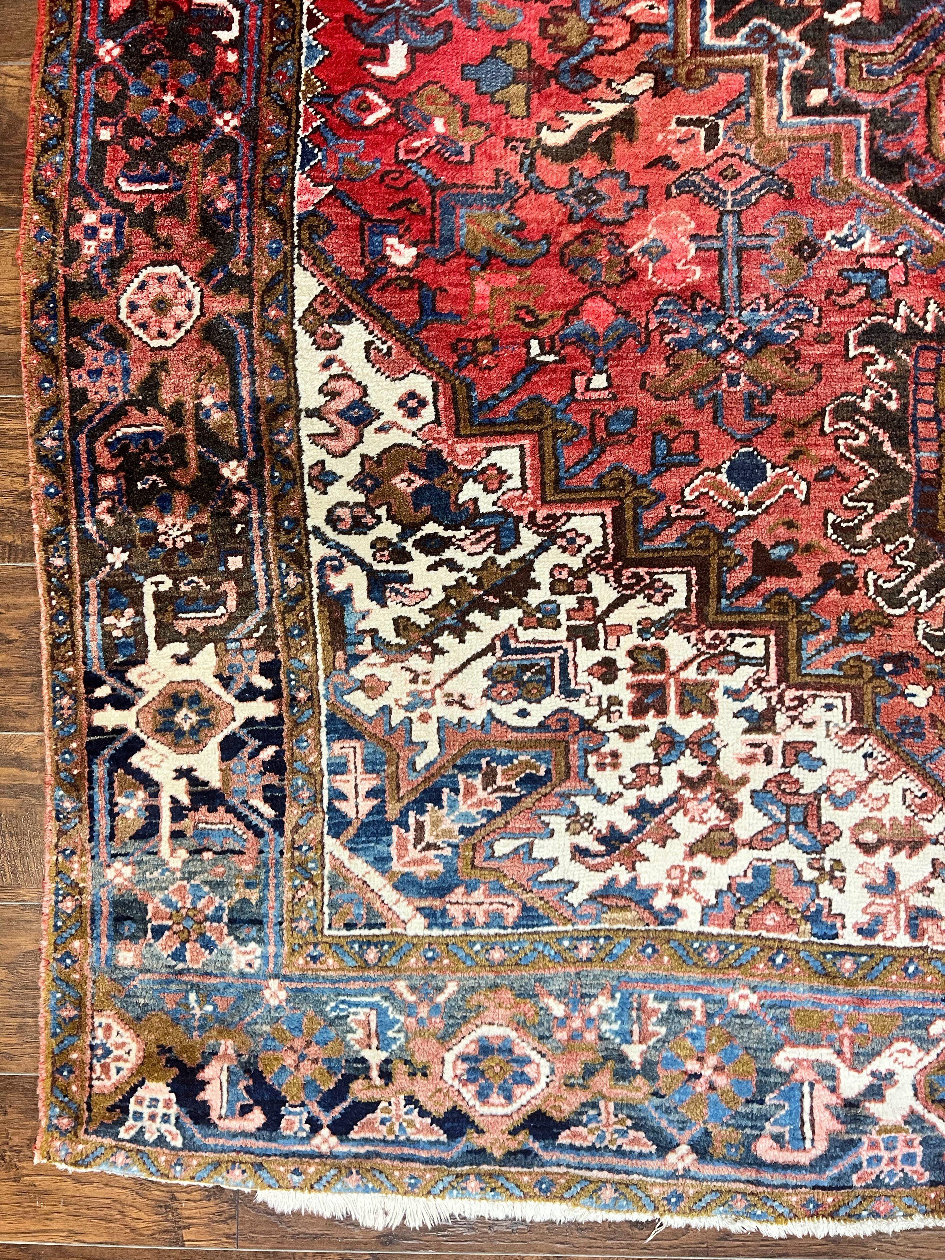 Persian Heriz Rug 7x10, Wool Hand Knotted Vintage Geometric Carpet, Red and Ivory, 7 x 10 Oriental Rug - Jewel Rugs