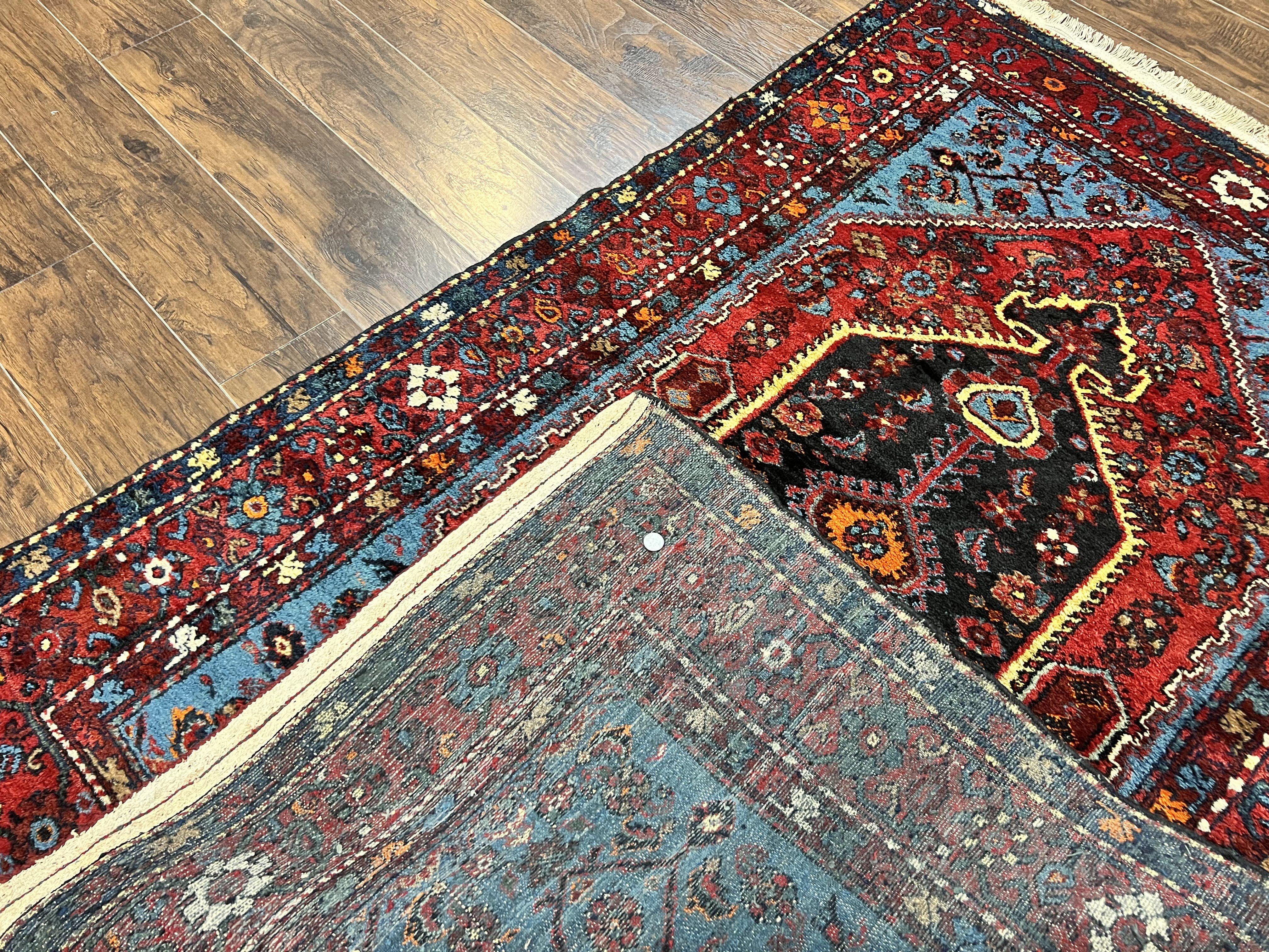 Antique Persian Tribal Rug 4x7, Wool Handmade 1920s Carpet, Red Blue, Persian Hamadan Rug - Jewel Rugs