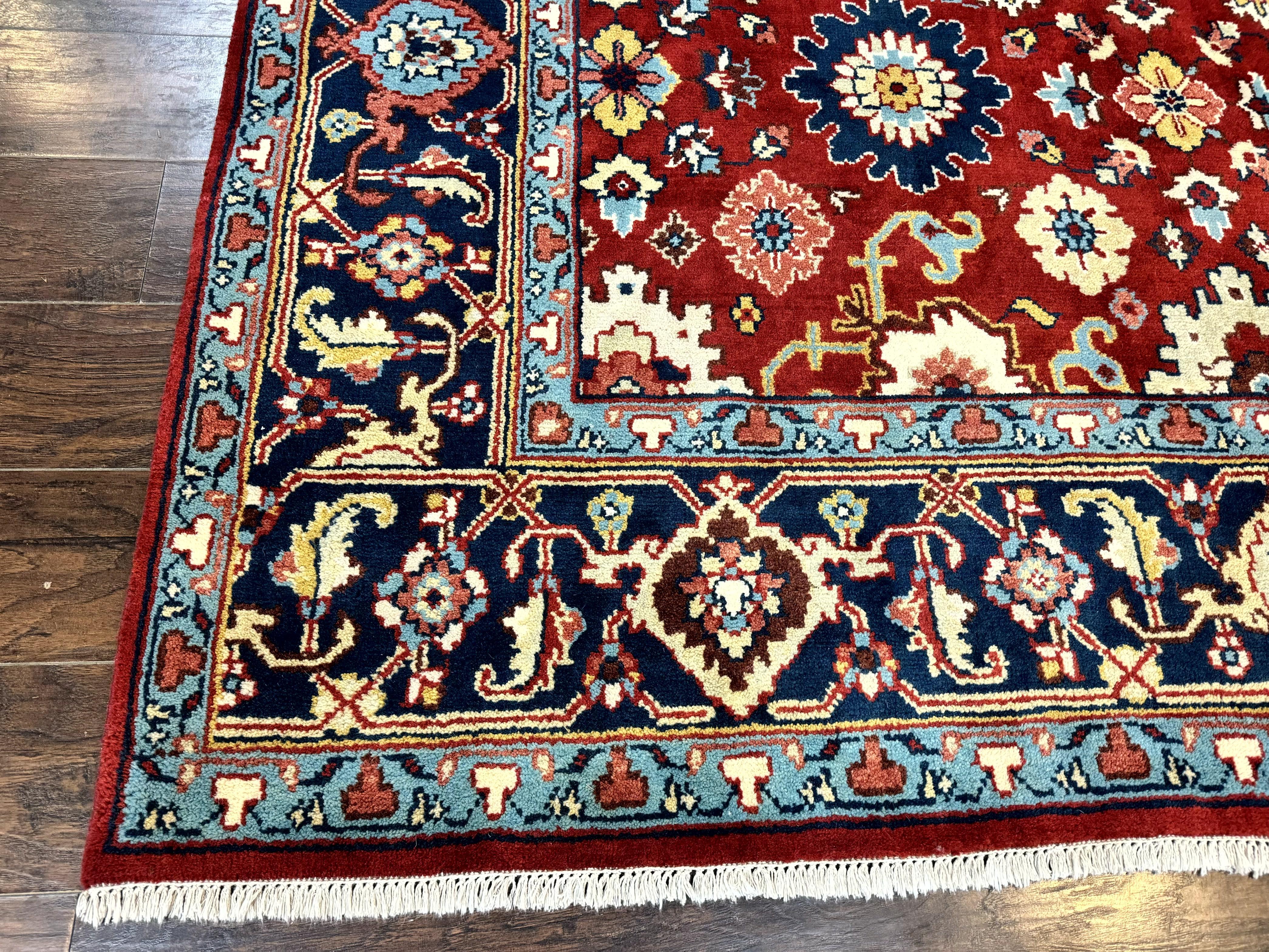 Indo Heriz Rug 8x10, Red and Navy Blue, Allover Pattern, Wool Handmade Carpet - Jewel Rugs