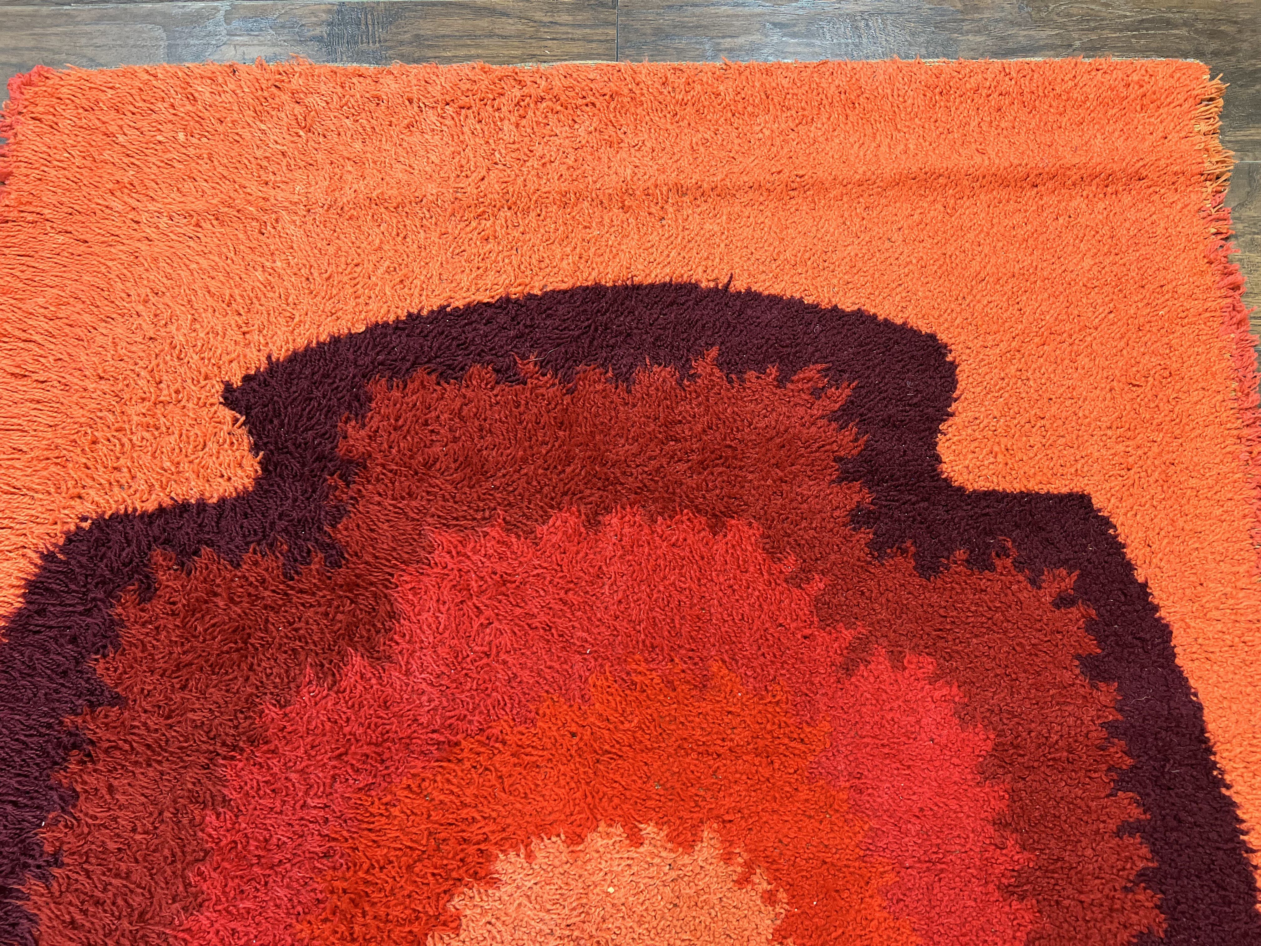 Danish Rya Shag Rug 4x6, Mid Century 1960s Retro Vintage Wool Rug, Shades of Red - Jewel Rugs
