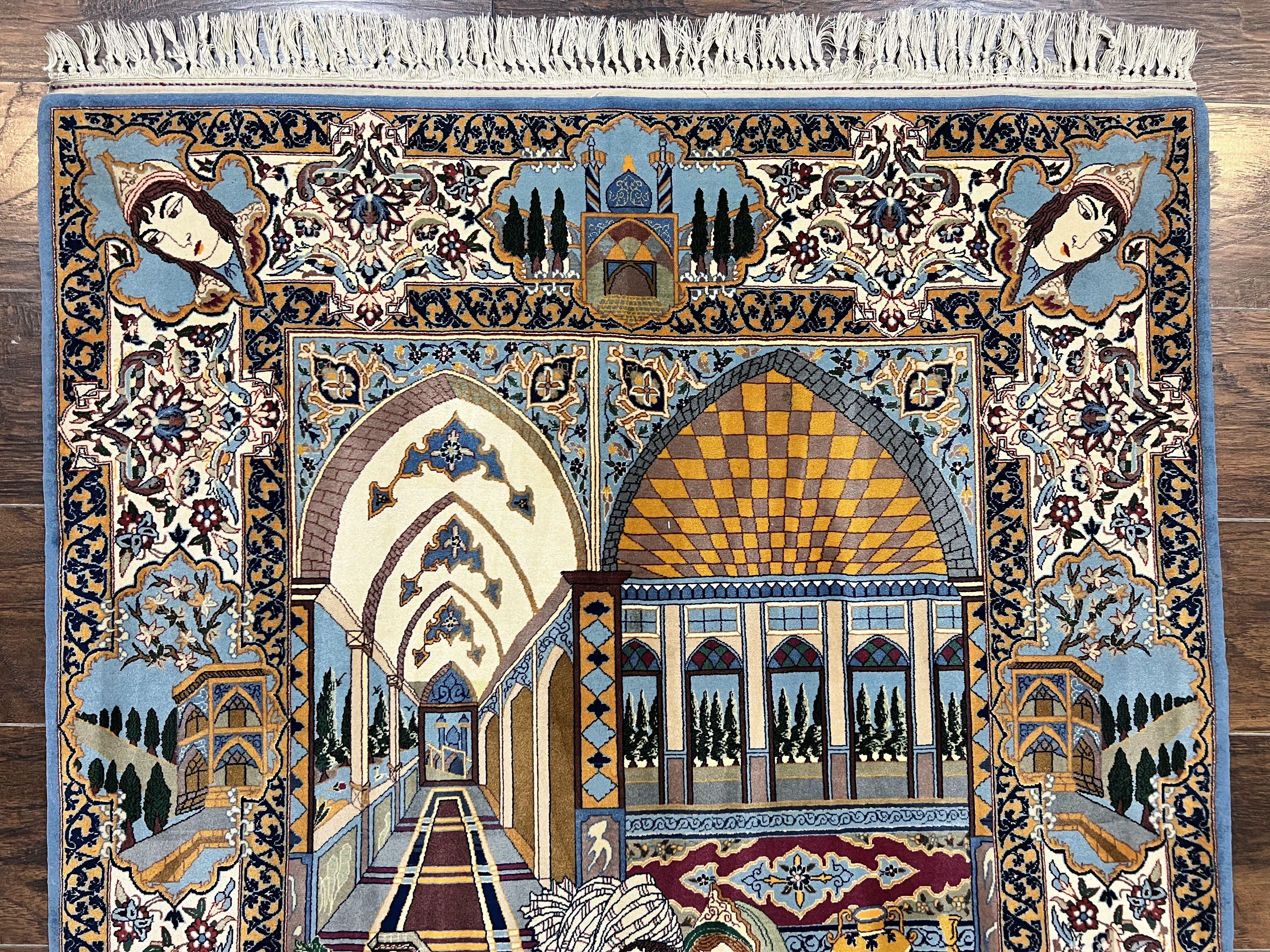 Persian Isfahan Pictoral Rug 3x6, Kork Wool on Silk Foundation, Handmade Vintage Carpet, 550 KPSI Super Fine, Lovers Palace Instruments - Jewel Rugs