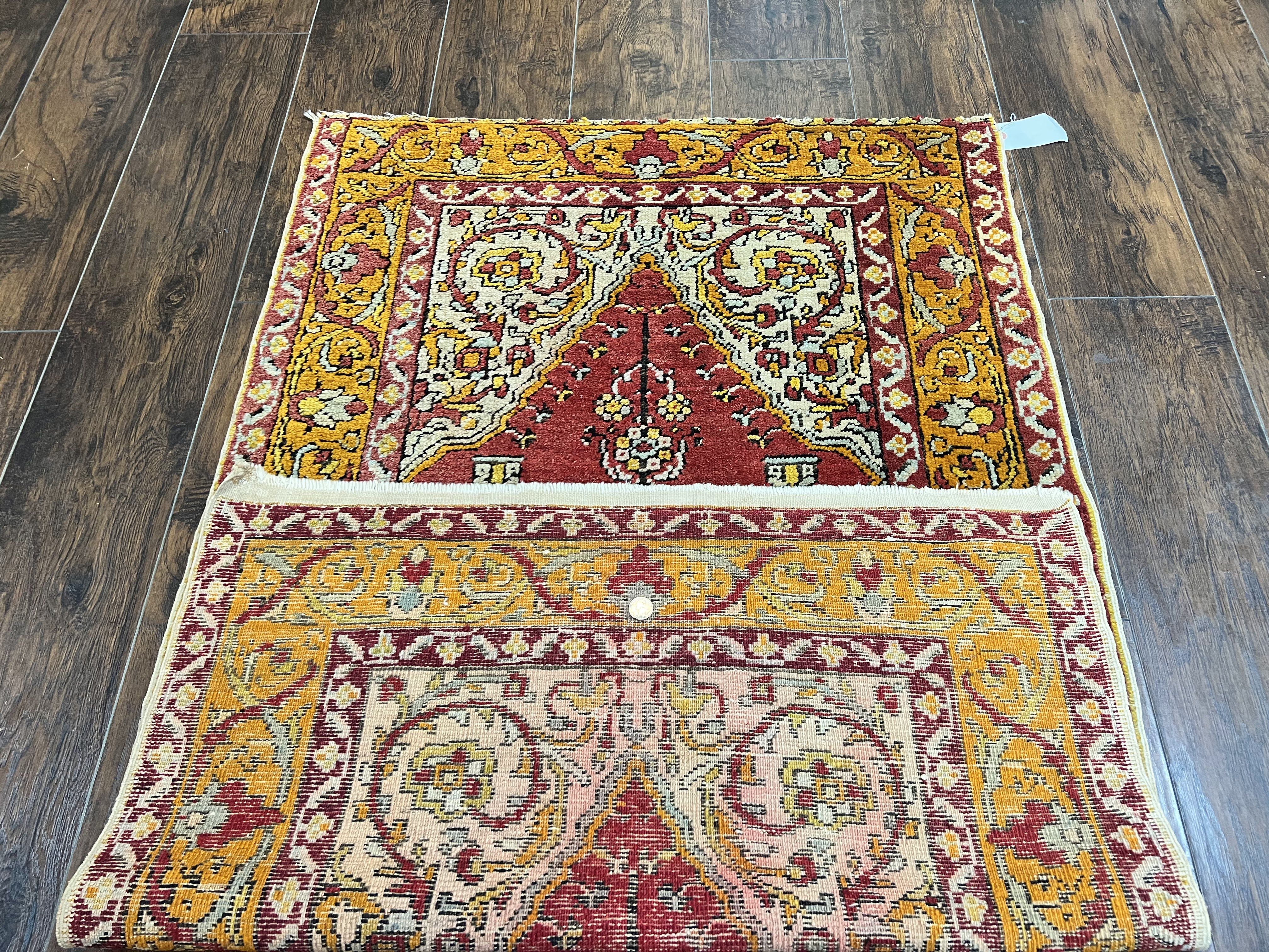 Antique Turkish Prayer Rug 3x5, Hand Knotted Turkish Melas Oushak Wool Carpet, Mehrab Rug, Orange & Red Vintage Rug 3 x 5 Collectible - Jewel Rugs