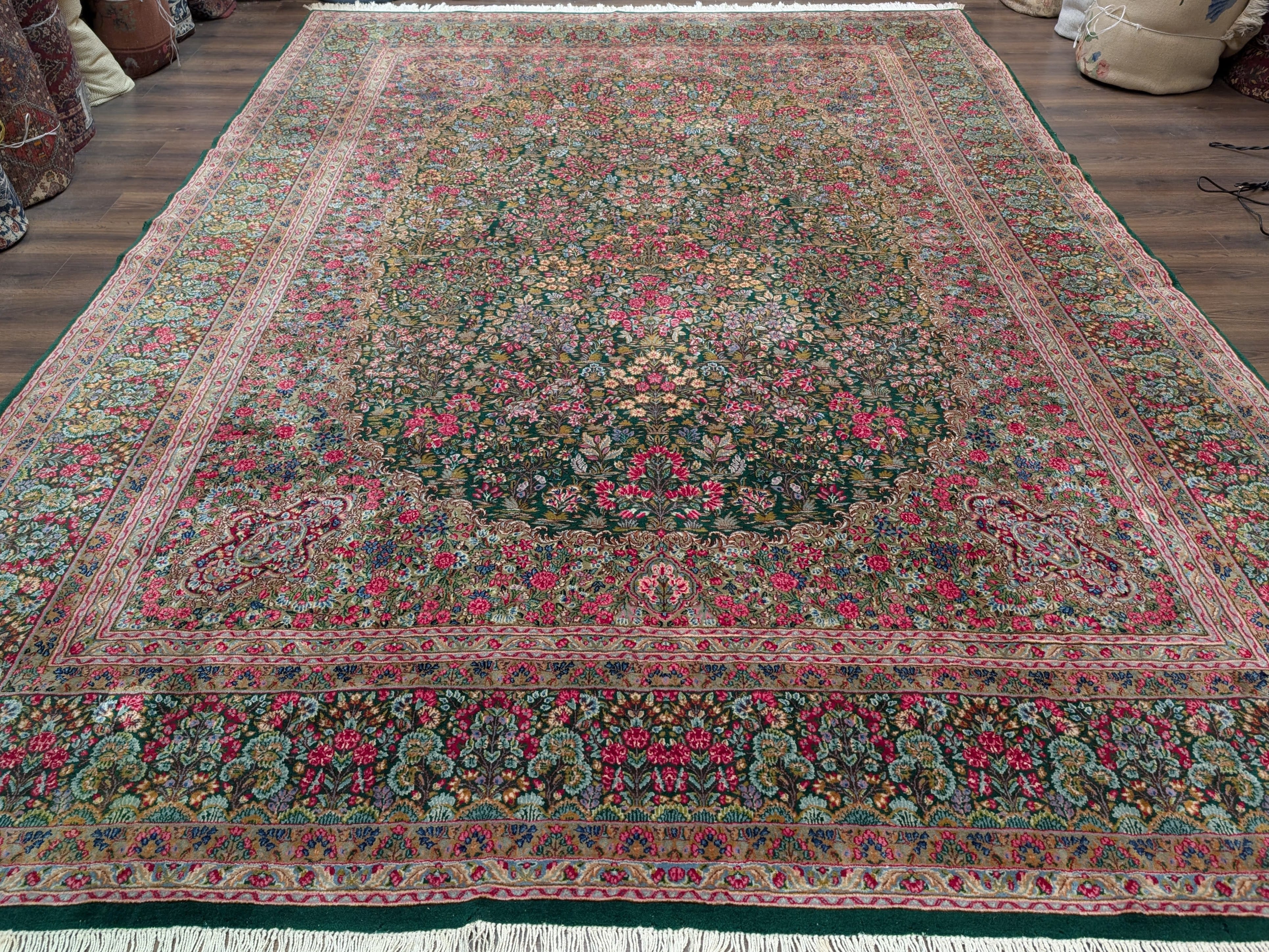 Persian Kerman Rug 10x13, Millefleur Floral Allover Pattern, Hand-Knotted Wool Carpet, Dark Green, Multicolor - Jewel Rugs