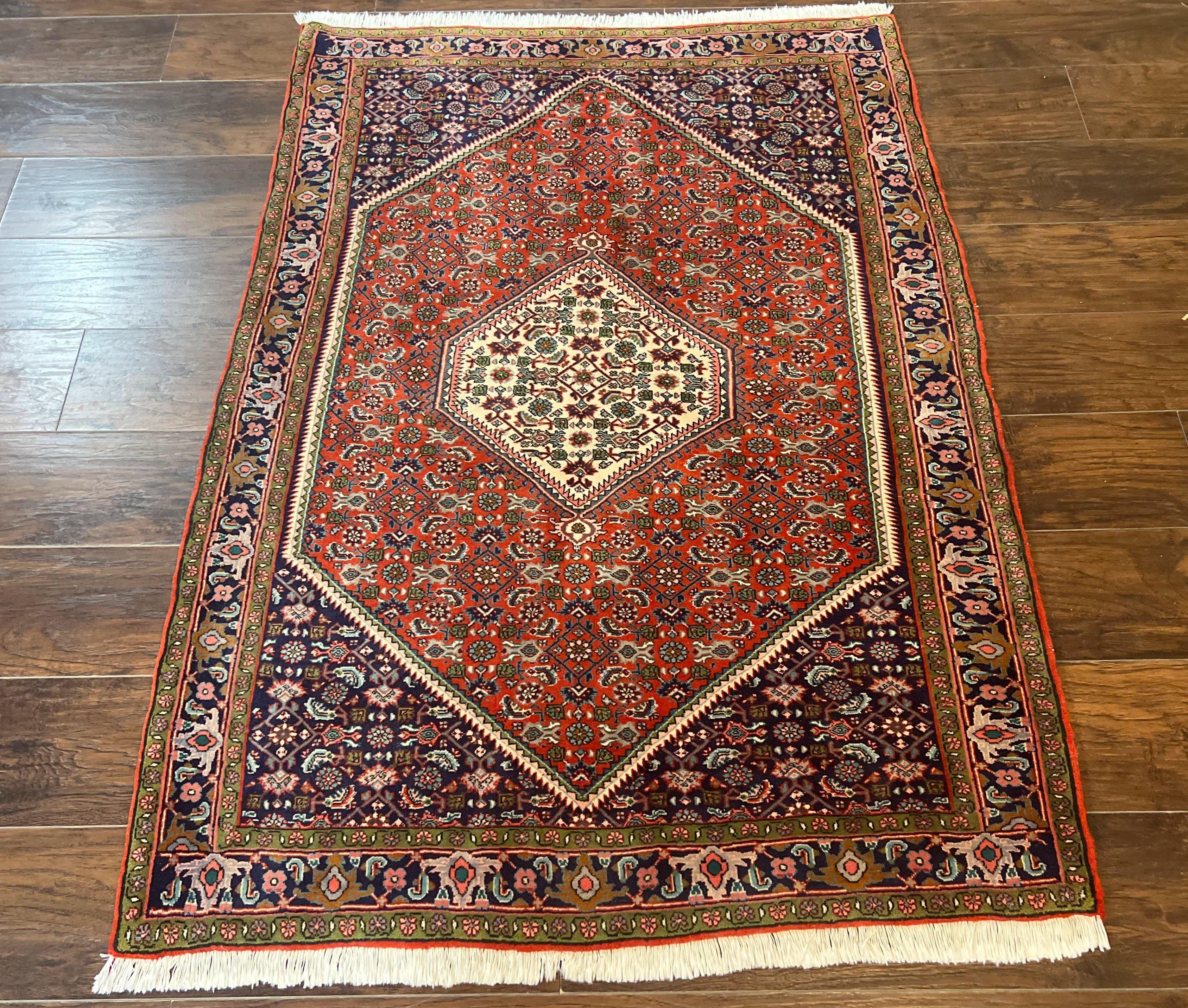 Persian Bidjar Rug 4x5, Finely Hand Knotted Vintage Carpet, Red and Navy Blue, Handmade Wool Rug, 180 KPSI - Jewel Rugs