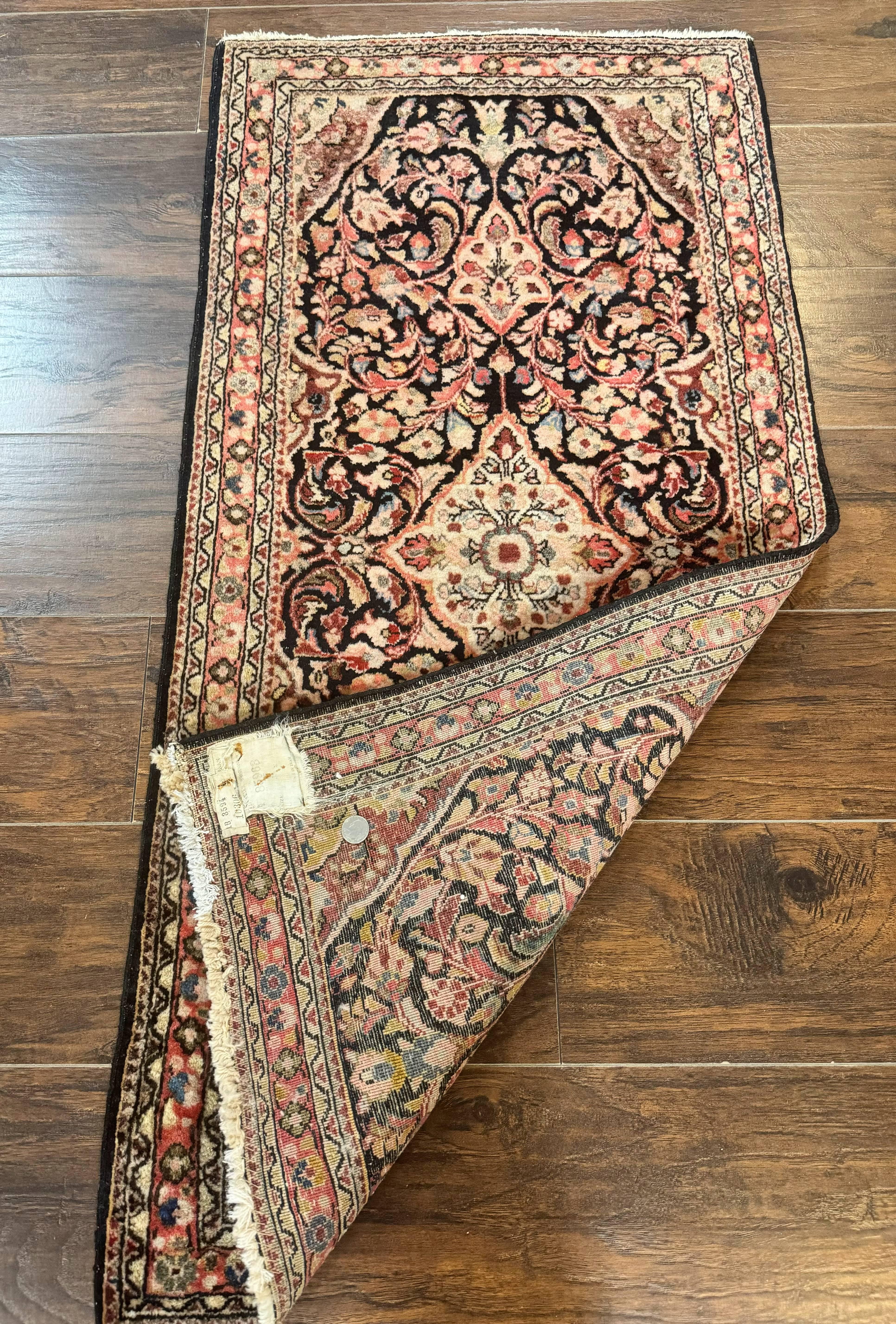 Antique Navy Blue Persian Sarouk Rug 2x4, Floral, Handmade Carpet, Small Persian Rug, Wool Hand Knotted - Jewel Rugs