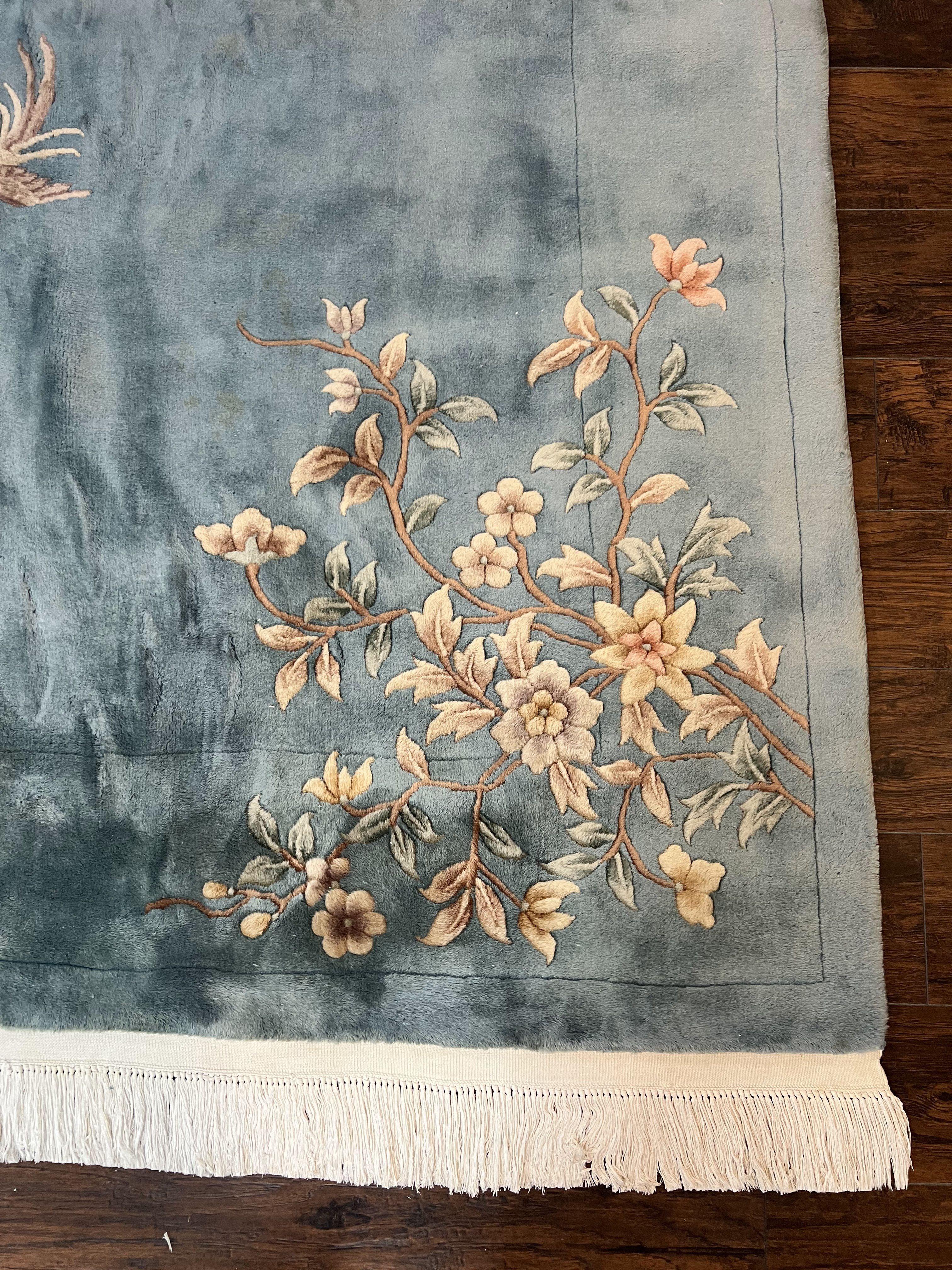 Chinese Wool Rug 9x12, Art Deco Carpet 9 x 12, Wool Handmade Vintage 90 Line Carving Rug, Floral Simple Design - Jewel Rugs