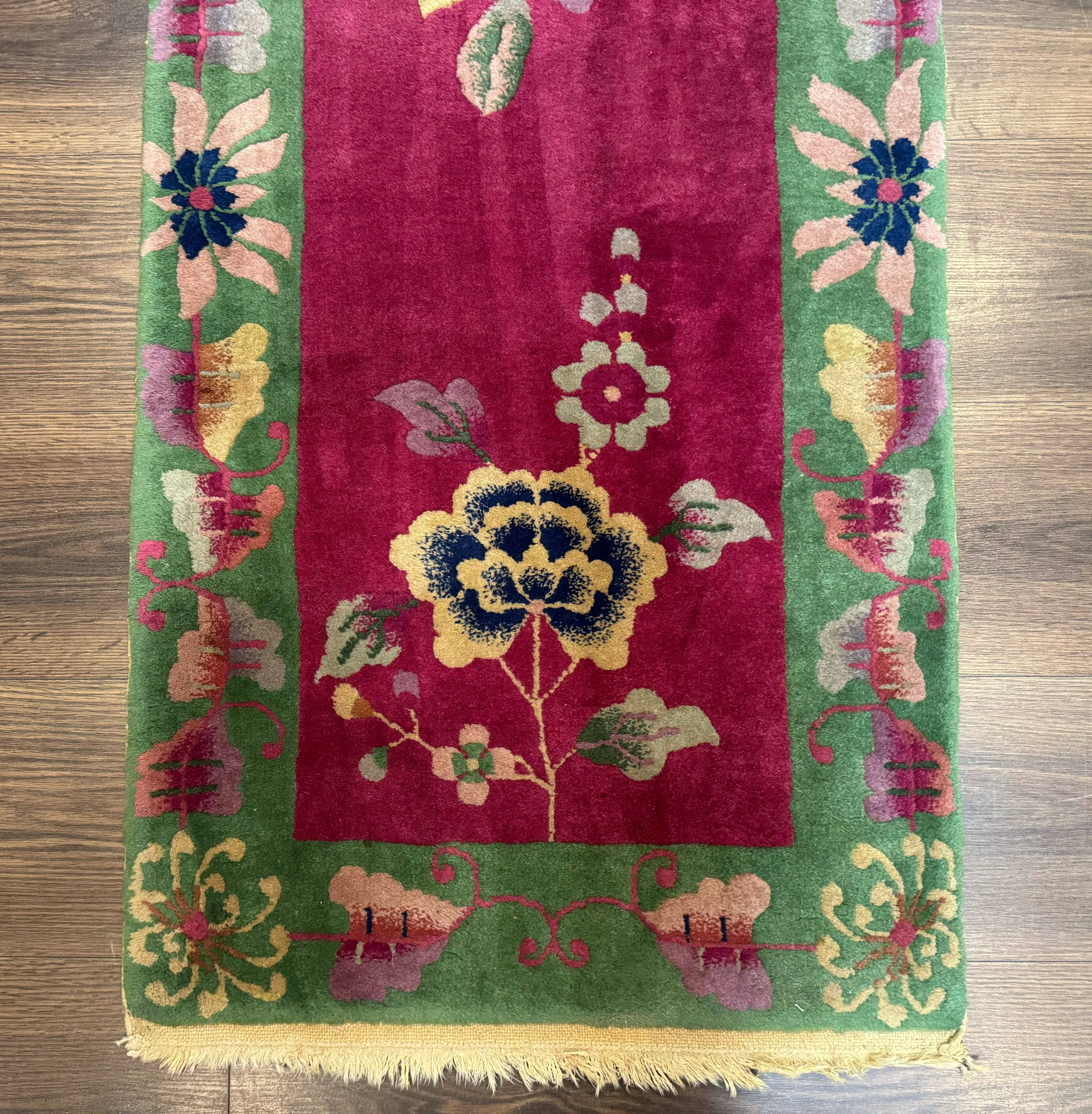 Small Chinese Art Deco Rug 2x4, Magenta and Green, Nichols Carpet, Floral, Wool - Jewel Rugs