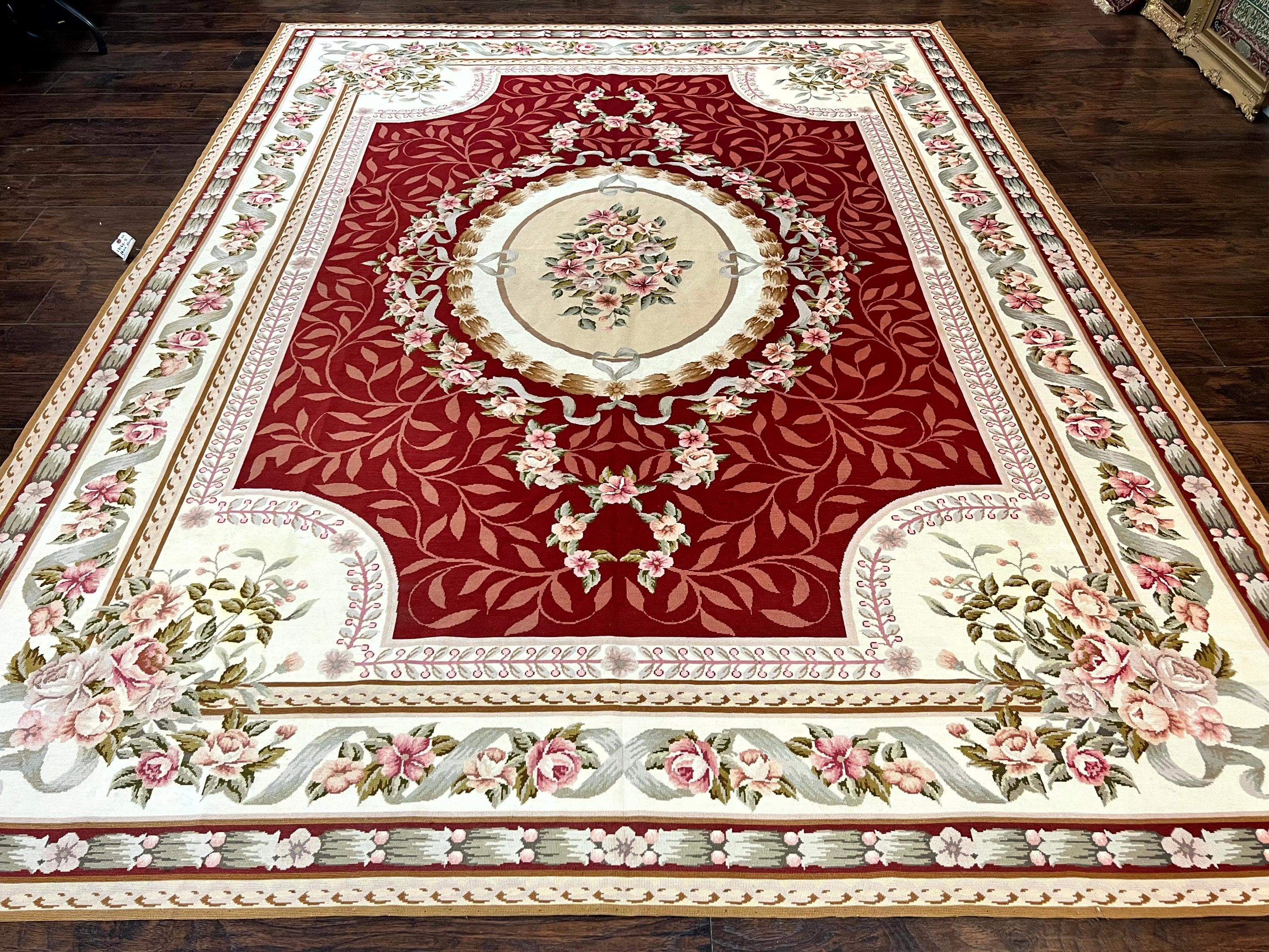 Wonderful Aubusson Rug 9x12, Handmade Vintage Needlepoint Carpet, Red and Ivory, Elegant European Design, Wool - Jewel Rugs